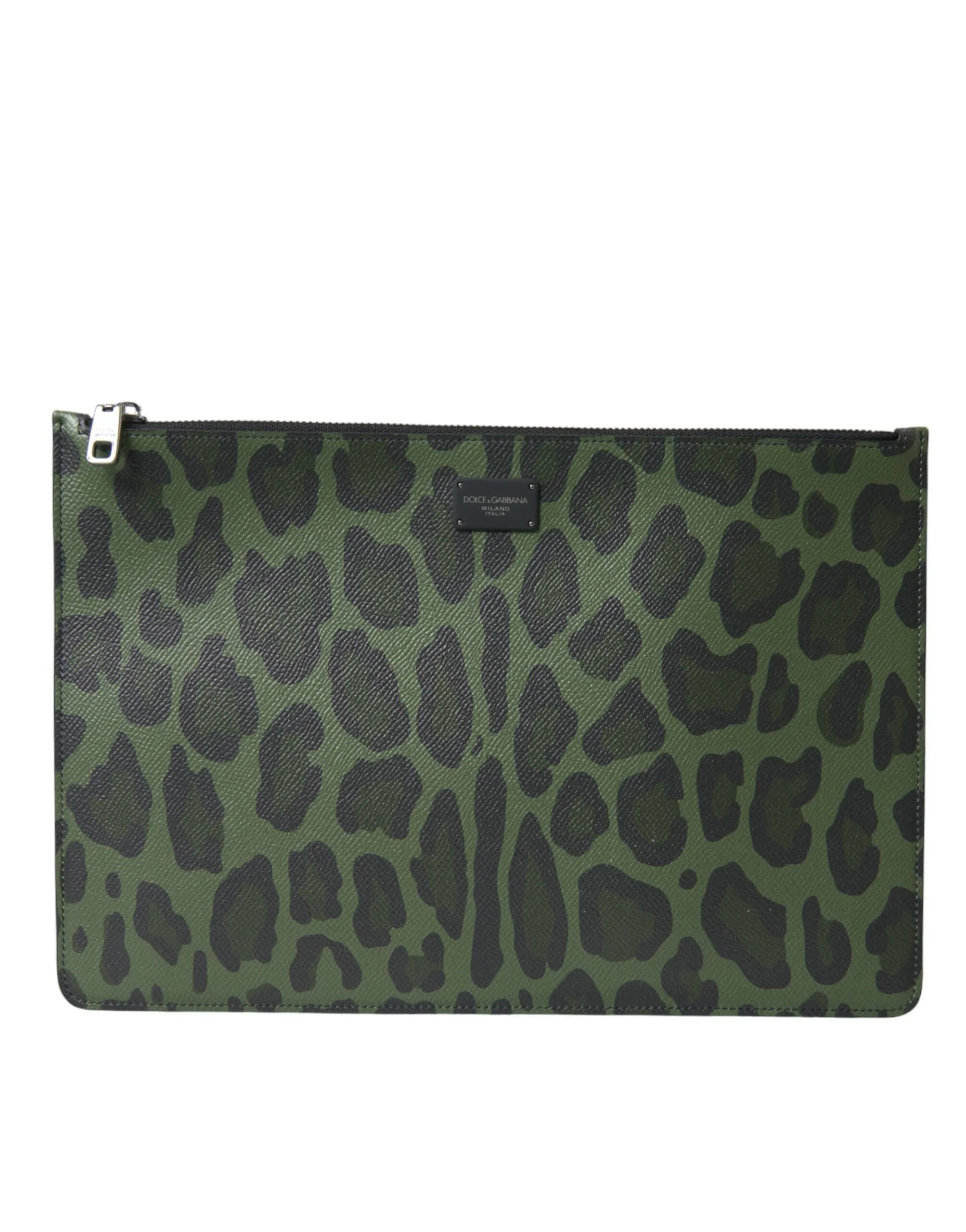 Elegant Green Leopard Print Calf Leather Clutch