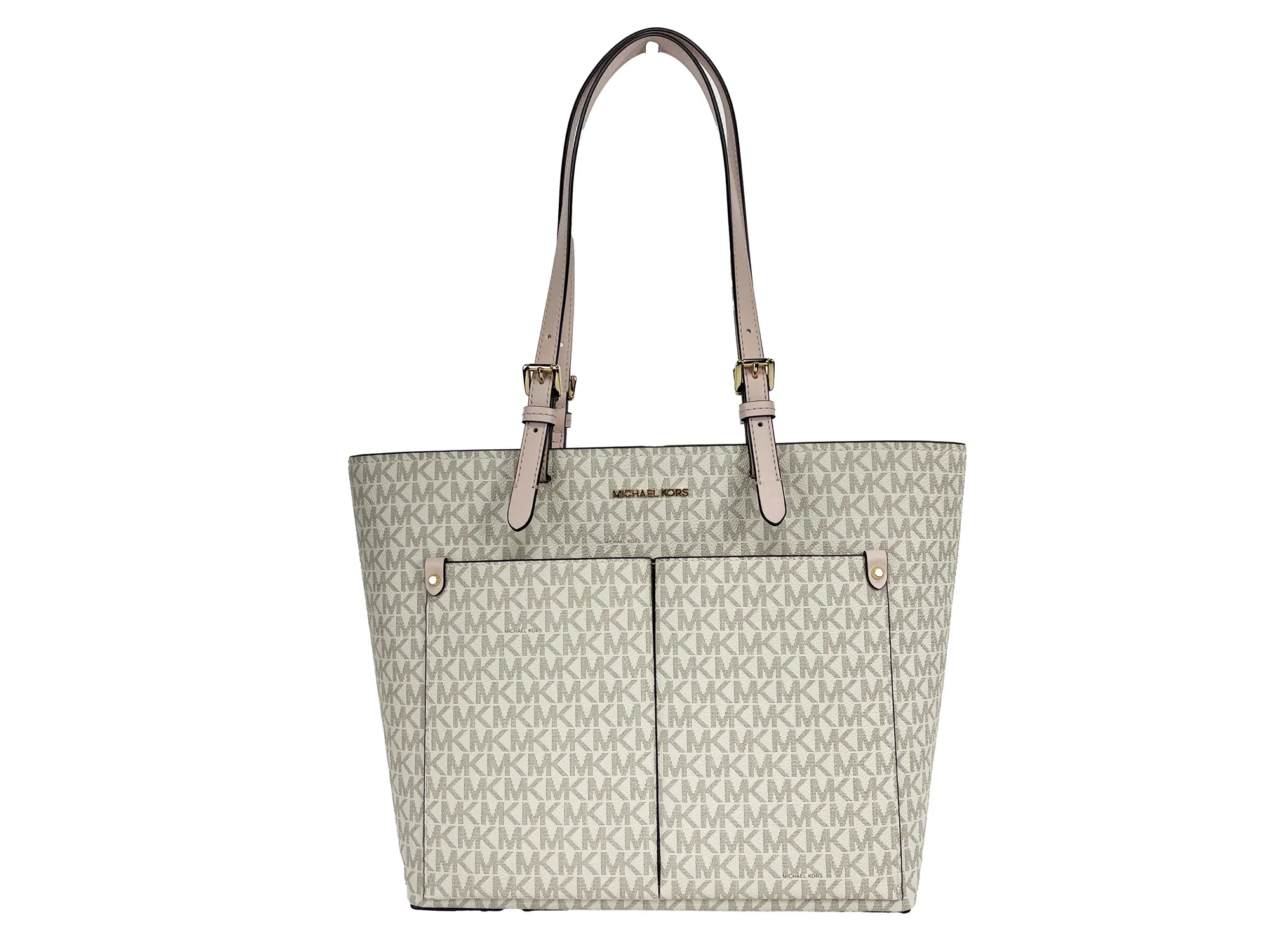 Michael Kors Women's Jet Set Medium Powder Blush Signature PVC Double Pocket Tote Bag