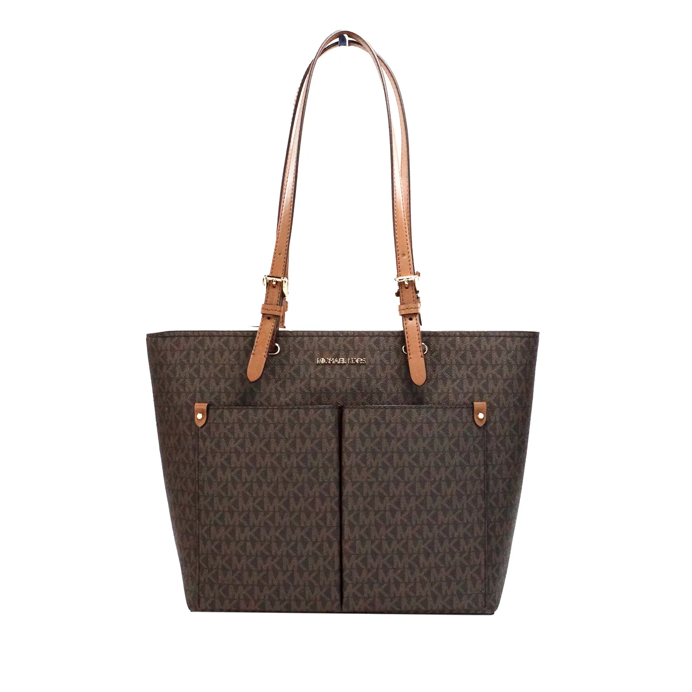 Michael Kors Women's Jet Set Medium Brown Signature PVC Double Pocket Tote Bag Purse