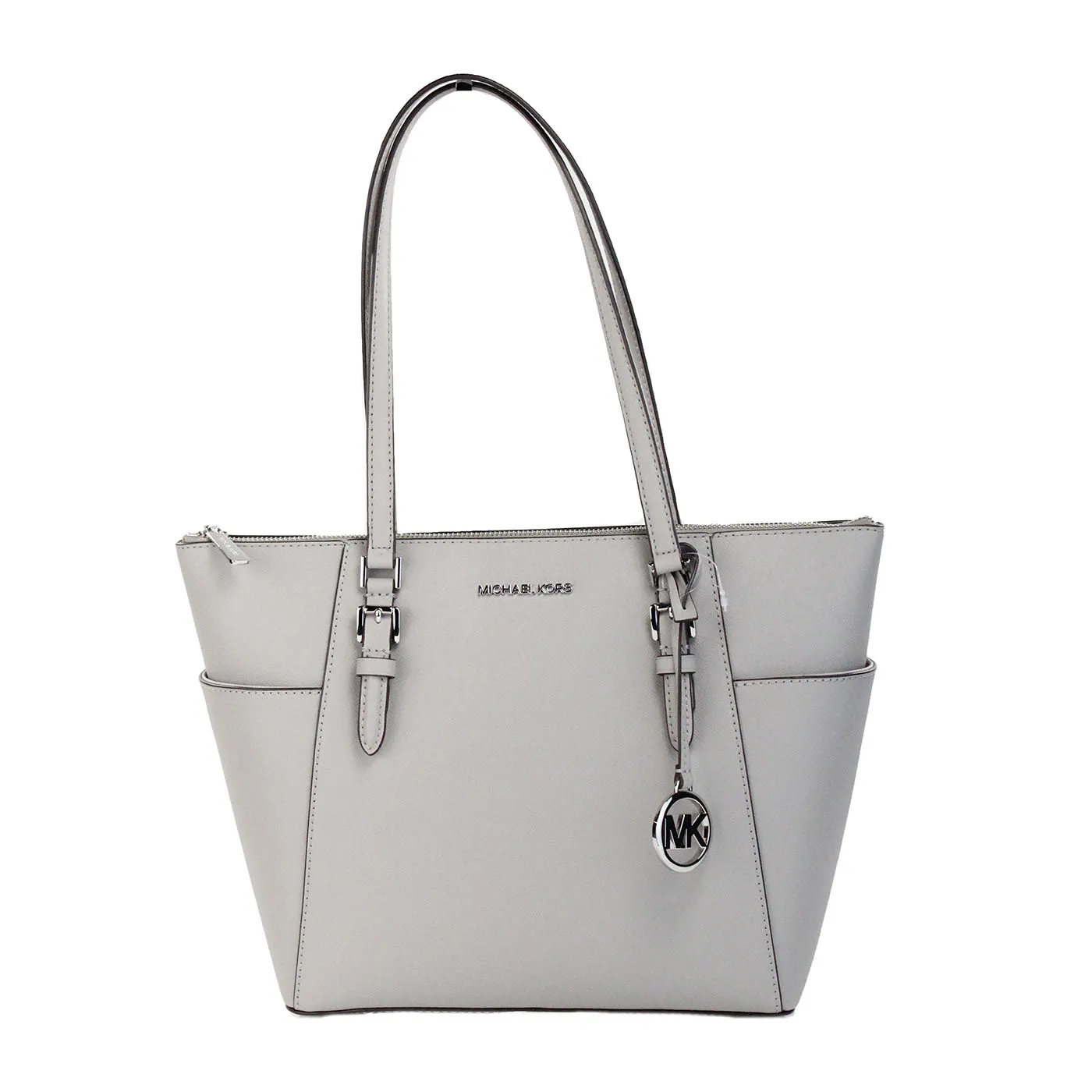 Michael Kors Women's Charlotte Pearl Grey Large Leather Top Zip Tote Bag Purse