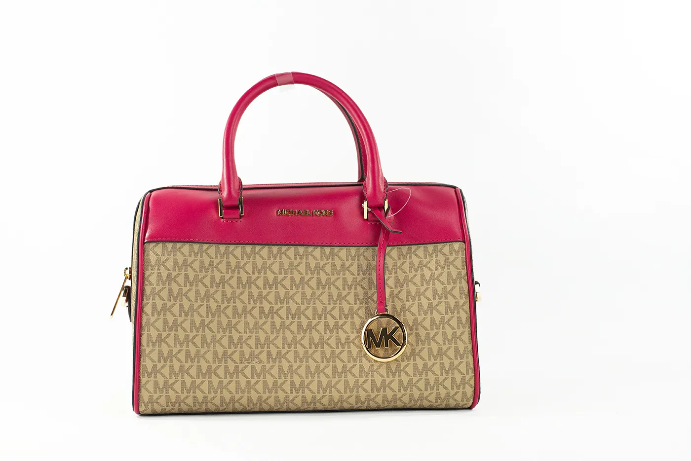 Michael Kors Women's Travel Medium Carmine Pink Signature PVC Duffle Crossbody Bag Purse