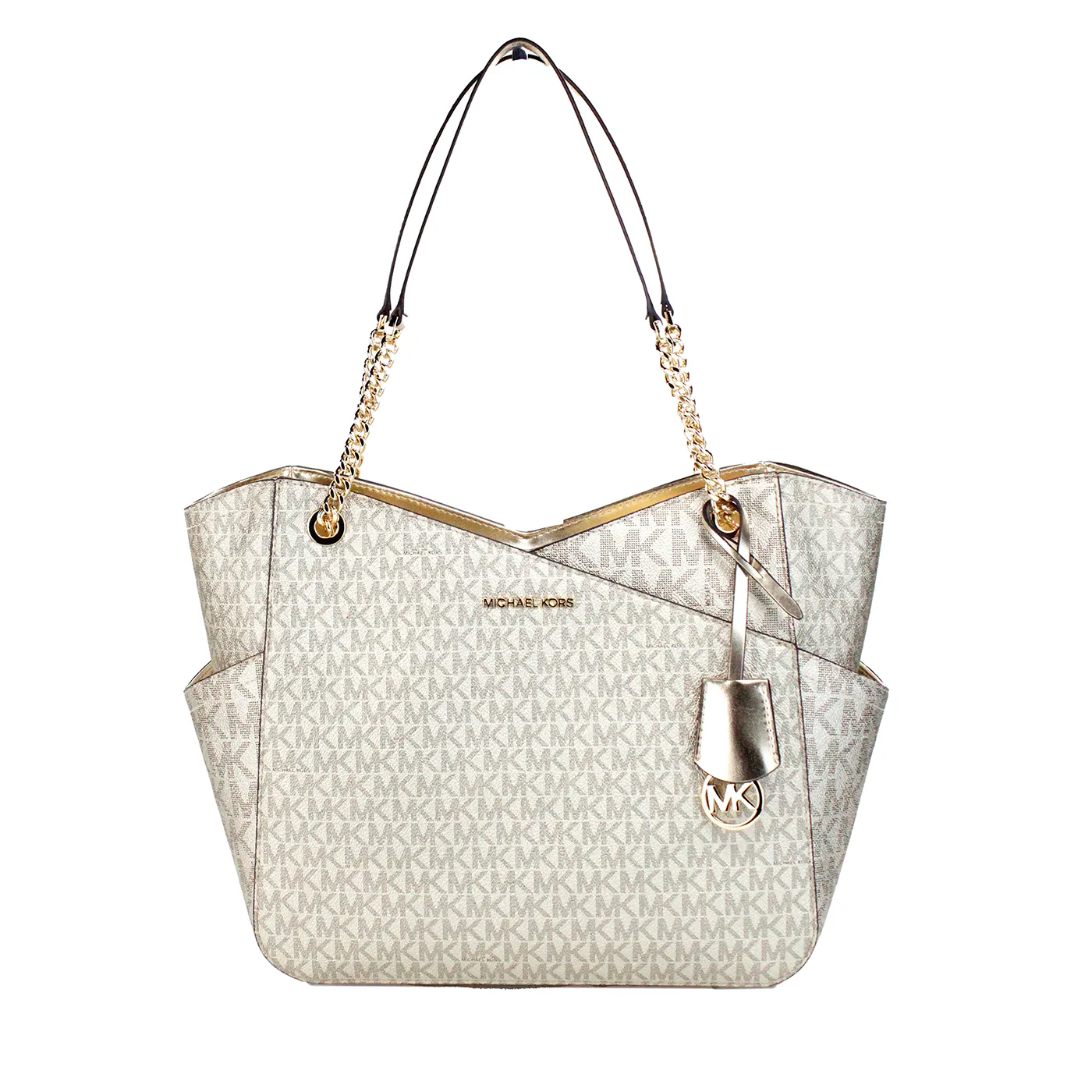 Michael Kors Women's Jet Set Large Pale Gold Signature X Cross Chain Shoulder Tote Bag