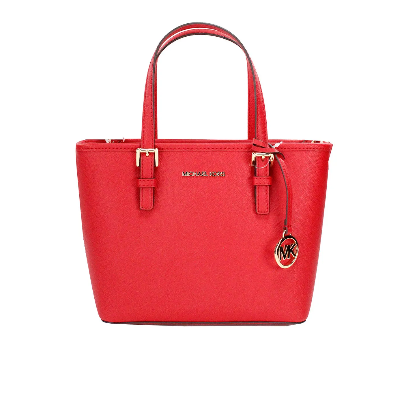 Michael Kors Women's Jet Set Bright Red Leather XS Carryall Top Zip Tote Bag Purse