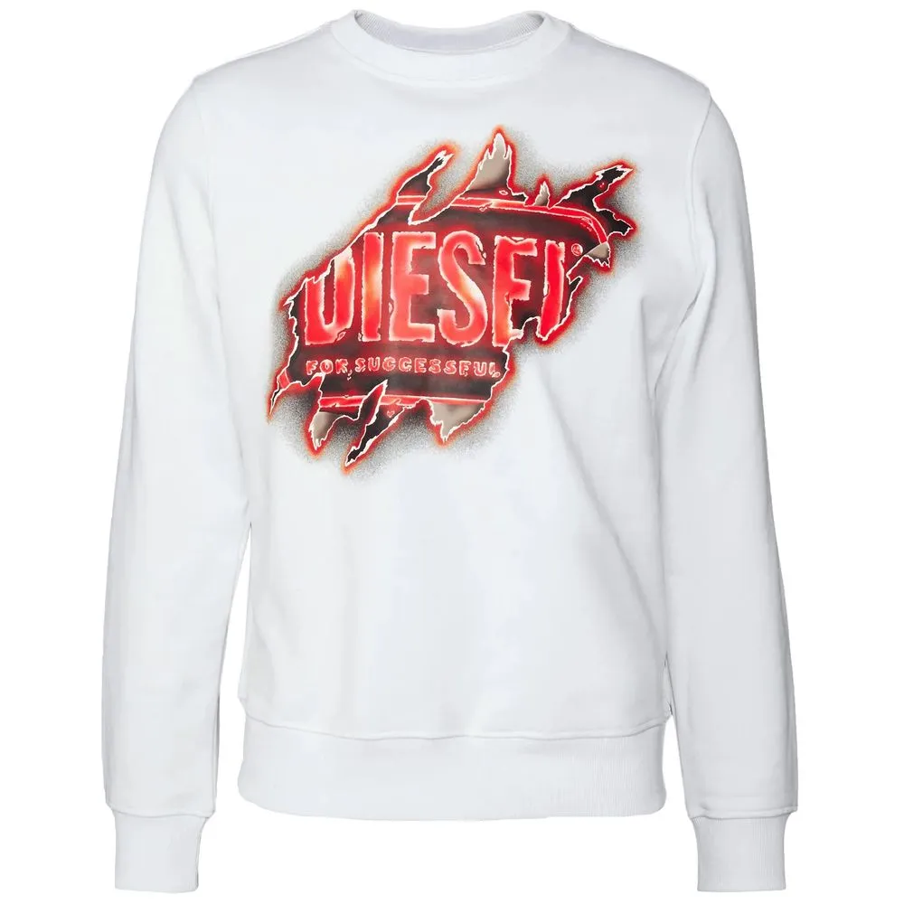 Diesel Men's Crisp White Cotton Crewneck Sweatshirt with Print