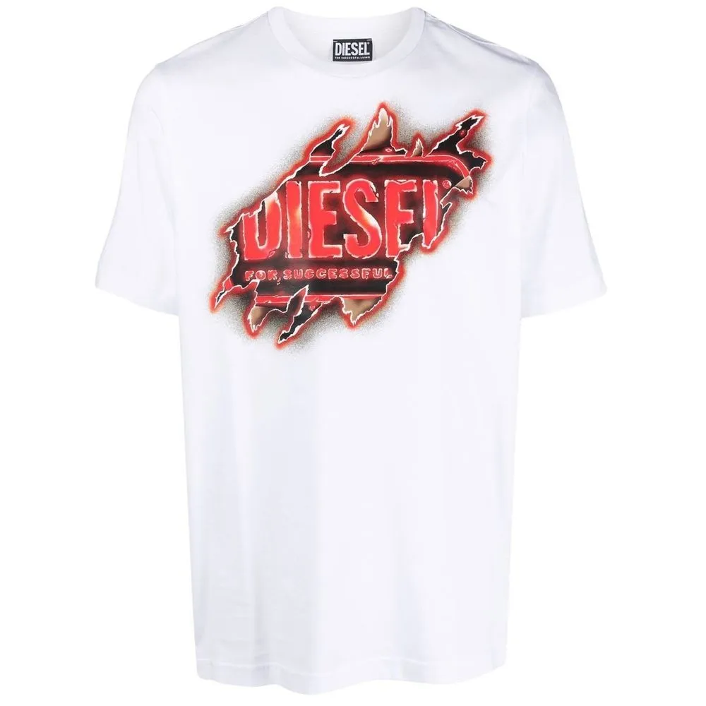Diesel Men's White Cotton Tee with Vibrant Chest Print