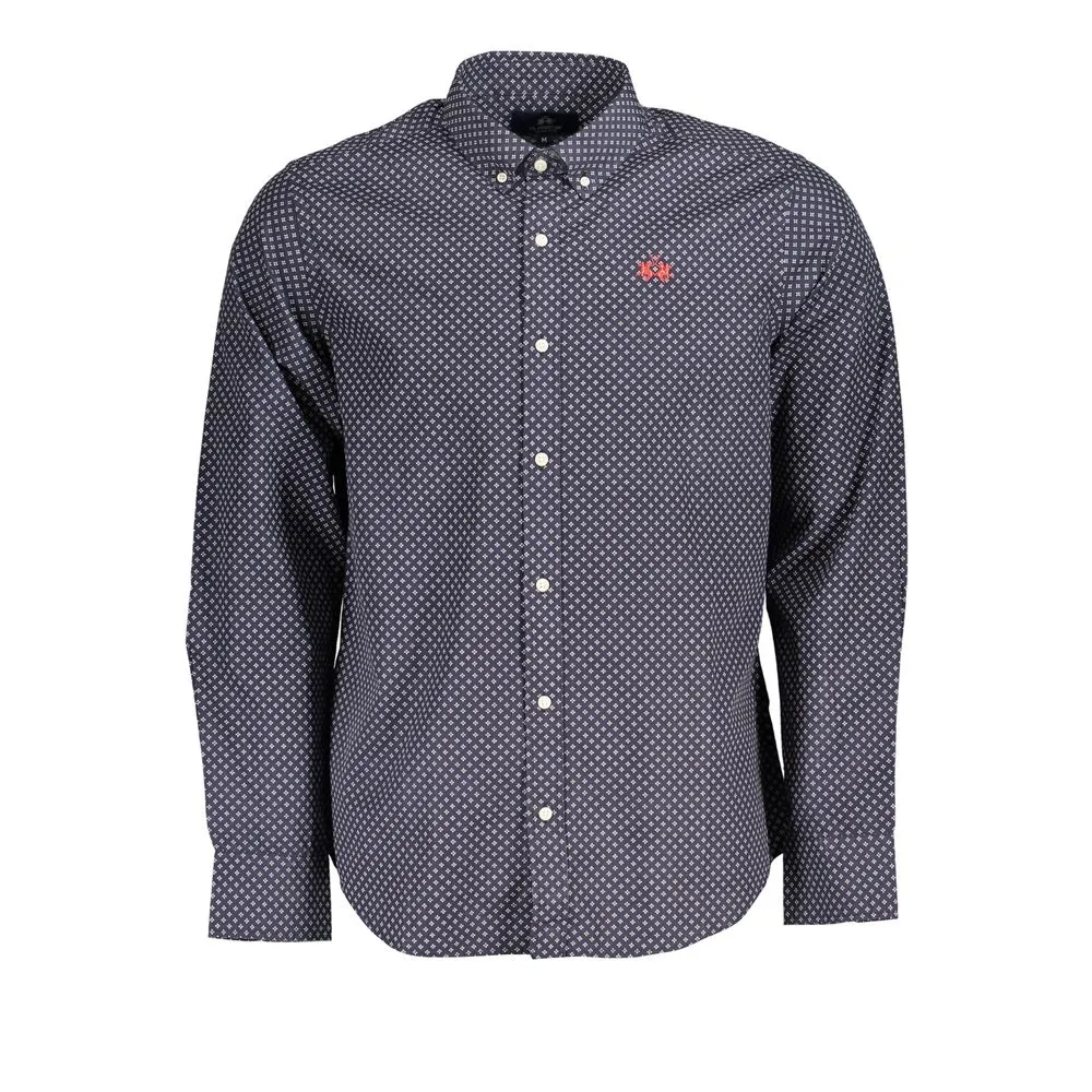La Martina Men's Blue Button-Down Cotton Shirt with Embroidery