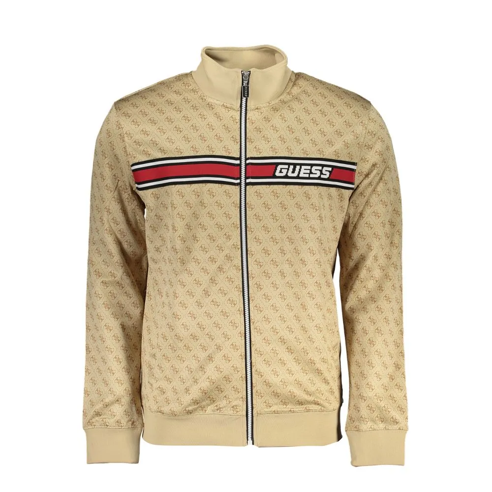 Guess Jeans Men's Beige Long Sleeve Zip Sweatshirt with Contrast Details