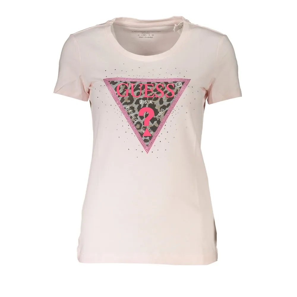Guess Jeans Women's Chic Pink Rhinestone Appliqué Organic Tee