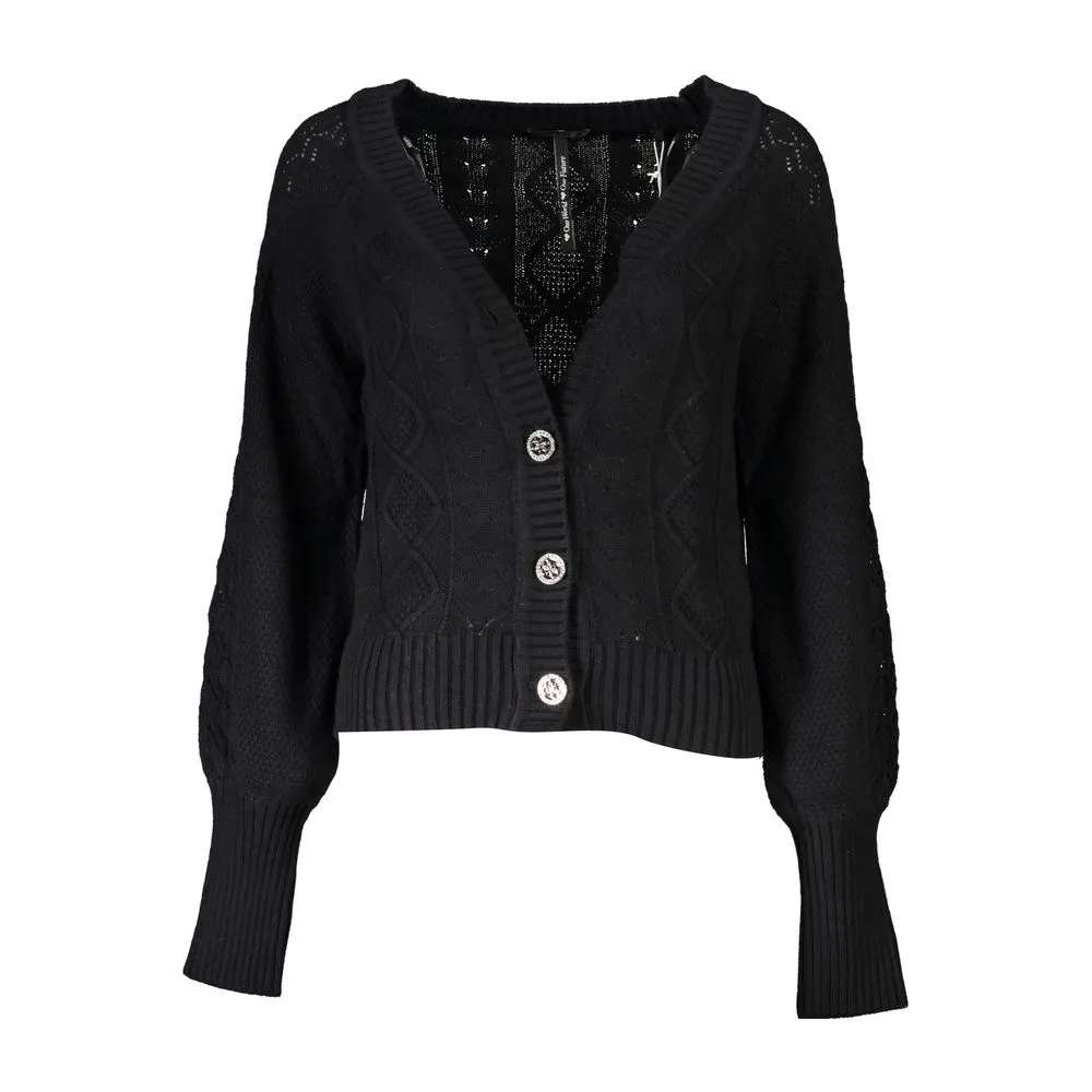 Guess Jeans Women's Elegant Long Sleeve Black Cardigan with Contrast Details