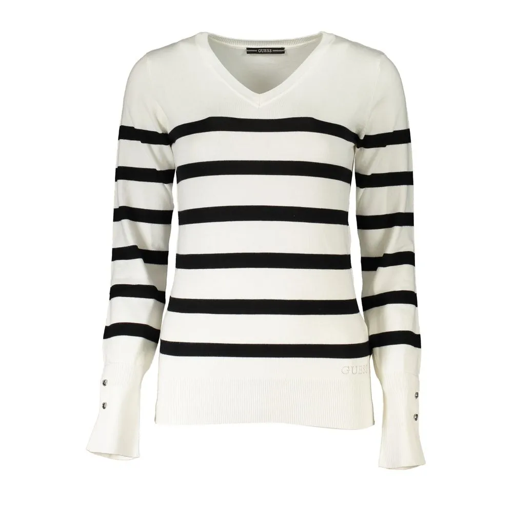 Guess Jeans Women's Chic V-Neck Striped Sweater with Logo Embroidery