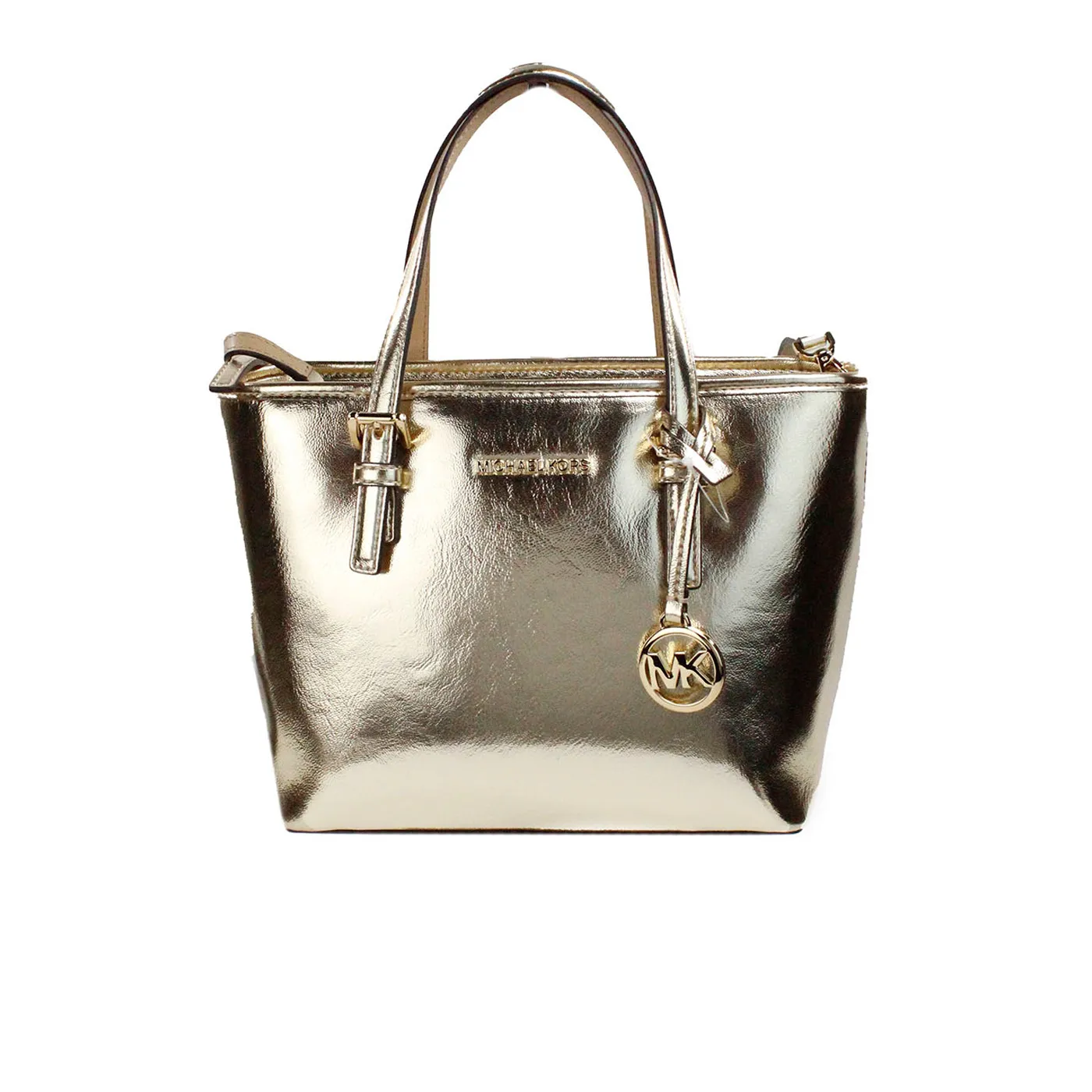 Michael Kors Women's Jet Set Pale Gold Metallic XS Carryall Top Zip Tote Bag Purse