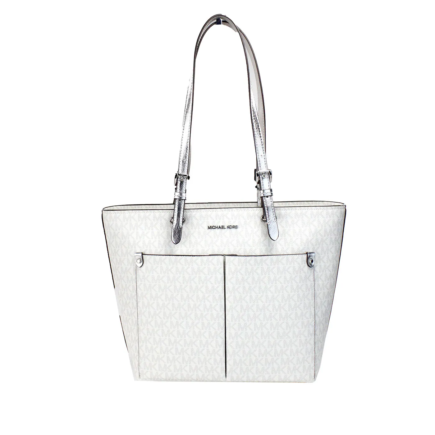 Michael Kors Women's Jet Set Medium Optic White Signature PVC Double Pocket Tote Bag