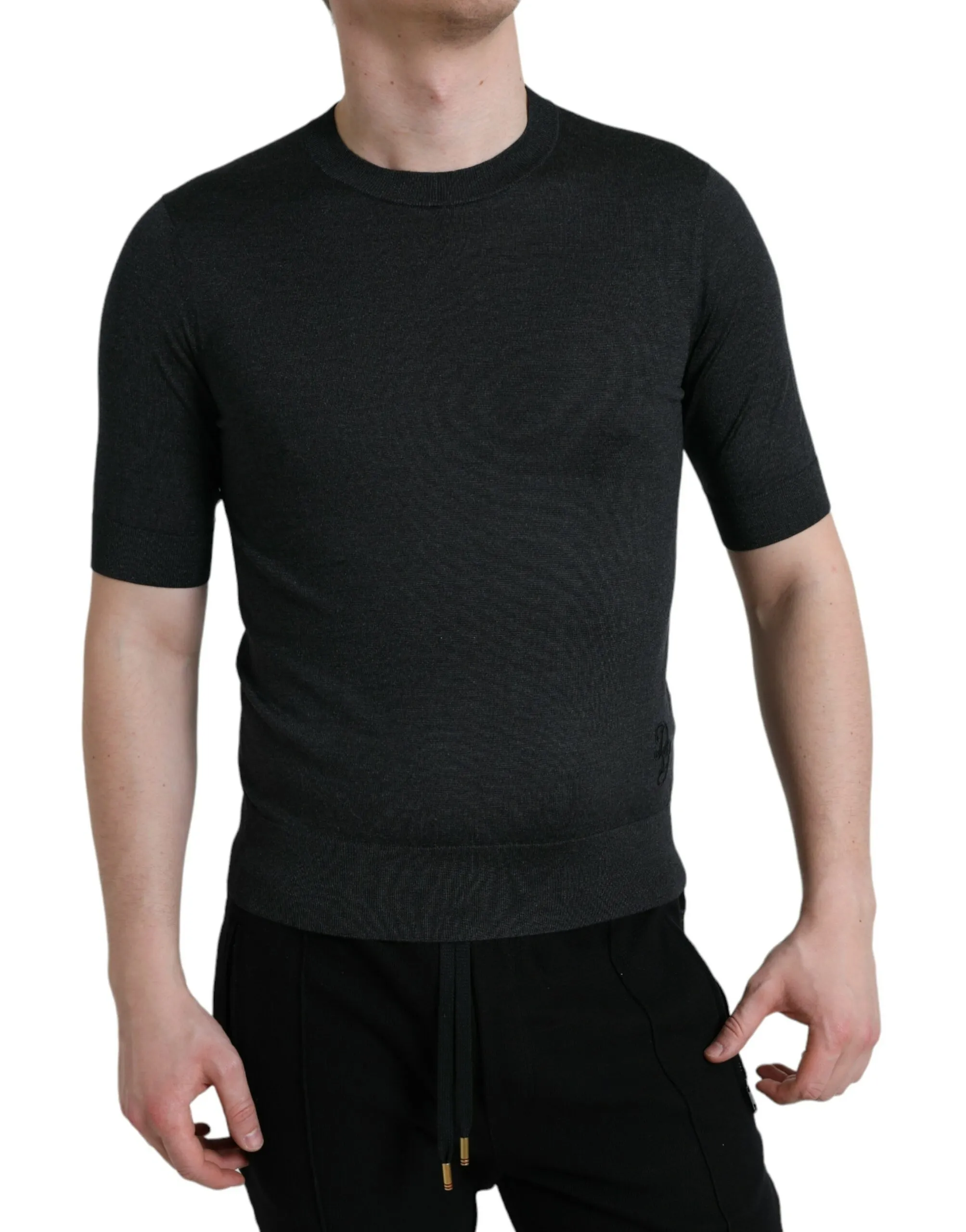 Dolce & Gabbana Men's Elegant Silk Crew Neck Tee in Dark Grey