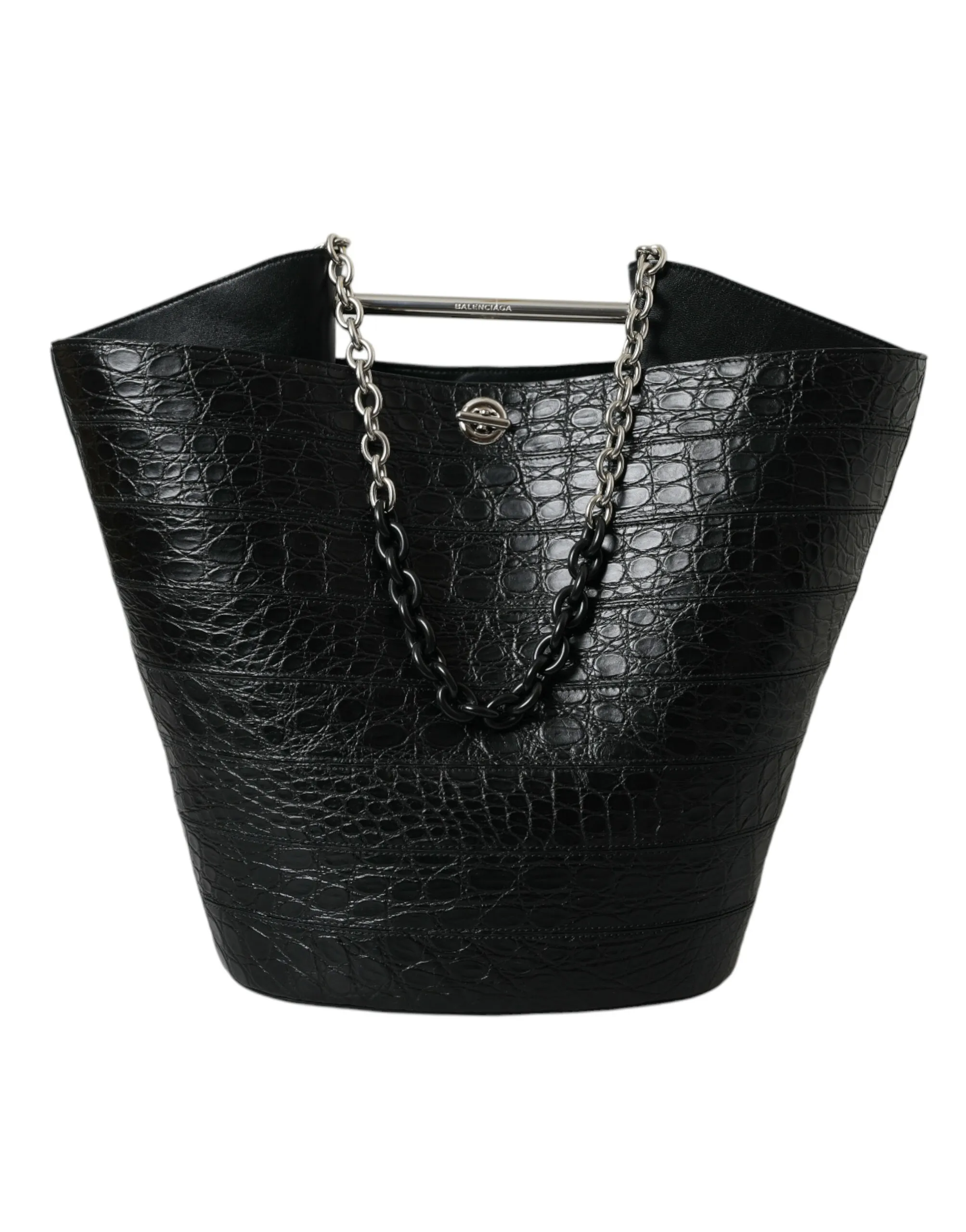 Balenciaga Women's Elegant Black Crocodile Leather Maxi Bucket Bag