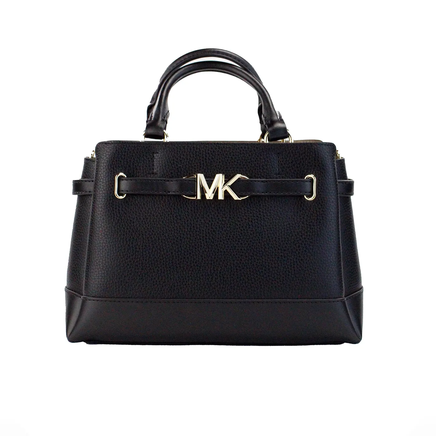 Michael Kors Women's Reed Small Black Leather Center Zip Belted Satchel Bag Purse