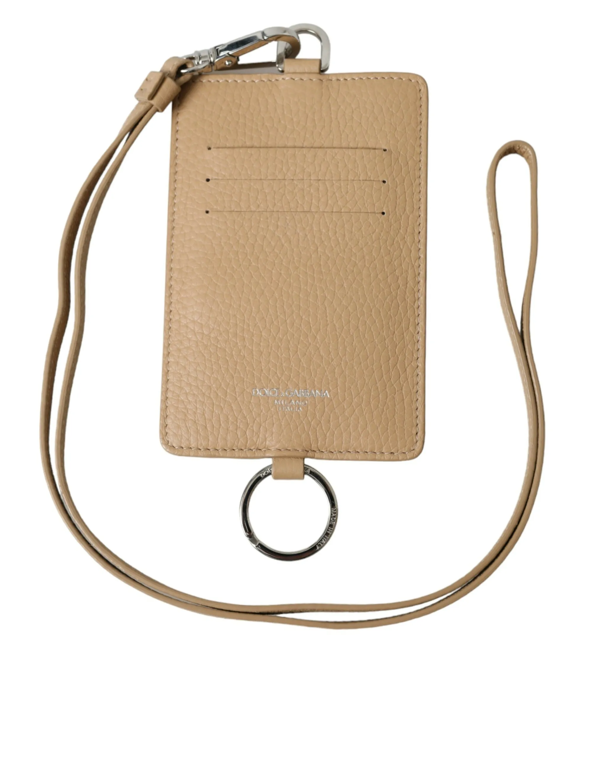 Dolce & Gabbana Men's Beige Calf Leather Lanyard Logo Card Holder Wallet