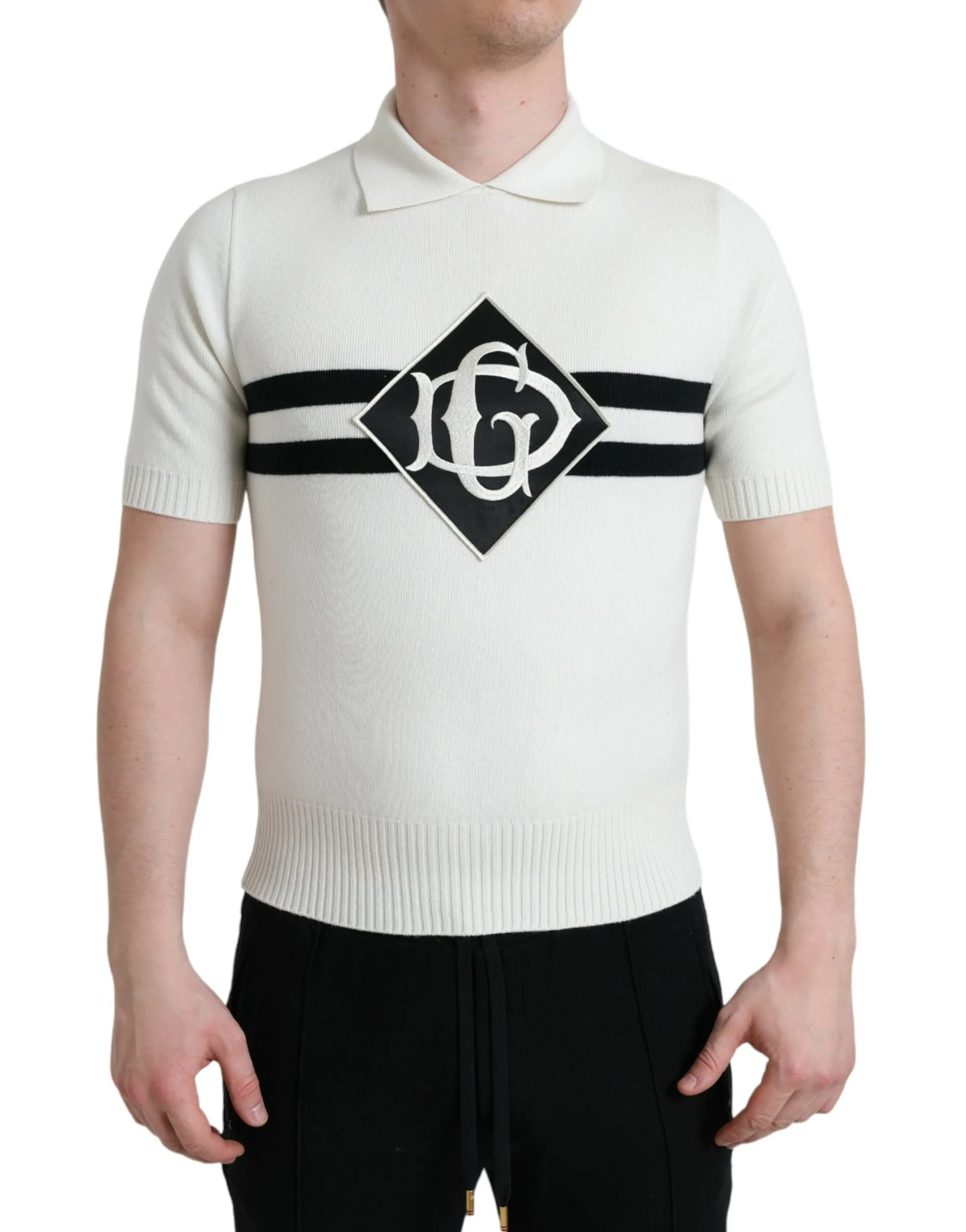 Dolce & Gabbana Men's White DG Logo Collared Henley Shirt T-shirt