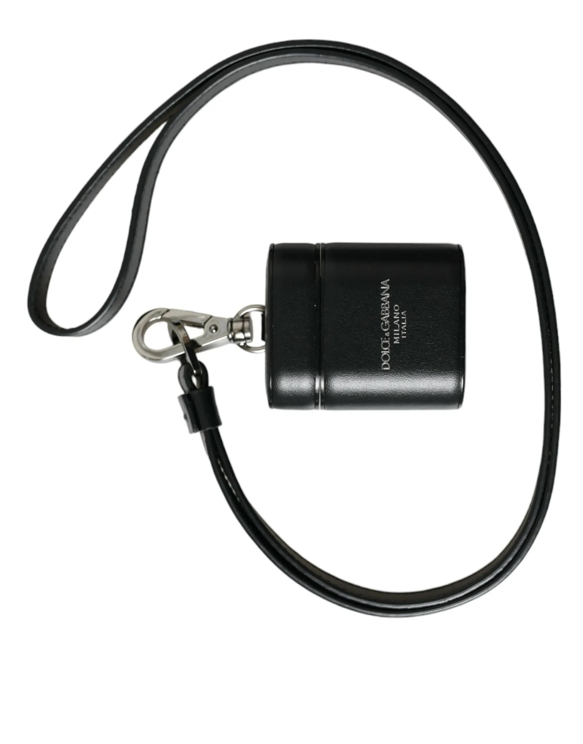 Dolce & Gabbana Men's Black Leather Strap Silver Metal Logo Printed Airpods Case