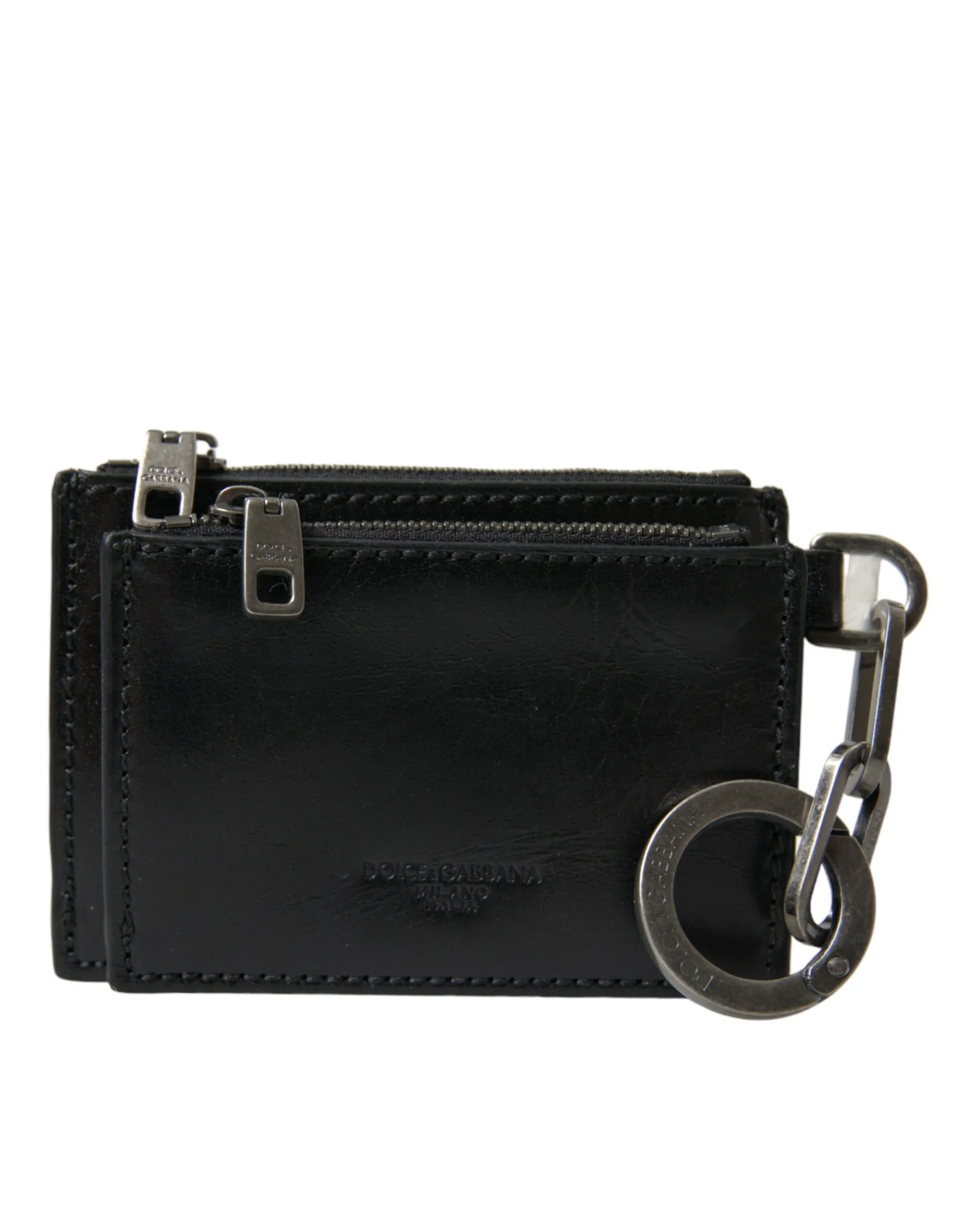 Dolce & Gabbana Men's Black Leather Zip Logo Keyring Coin Purse Keyring Wallet