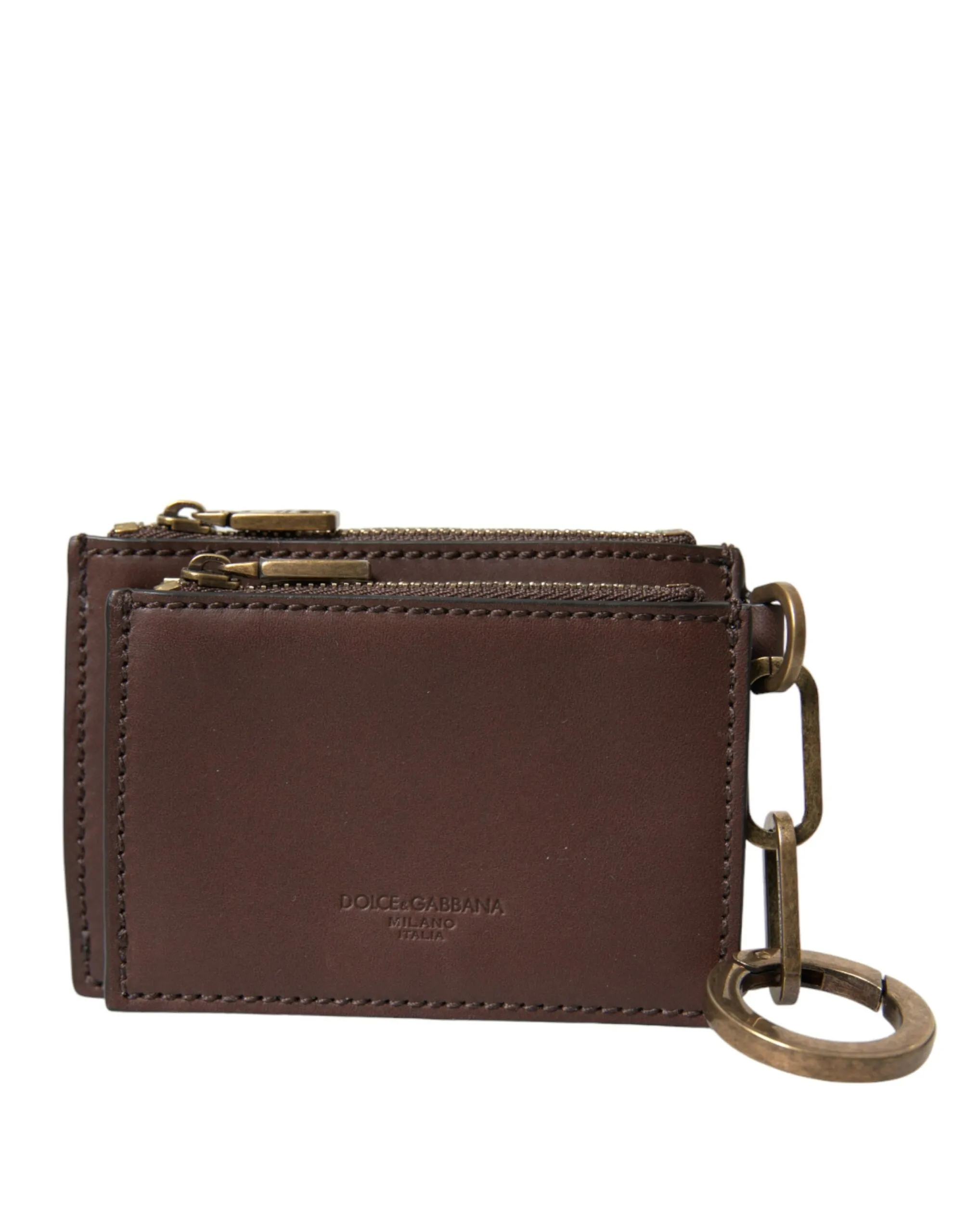 Dolce & Gabbana Men's Brown Leather Zip Logo Keyring Coin Purse Keyring Wallet