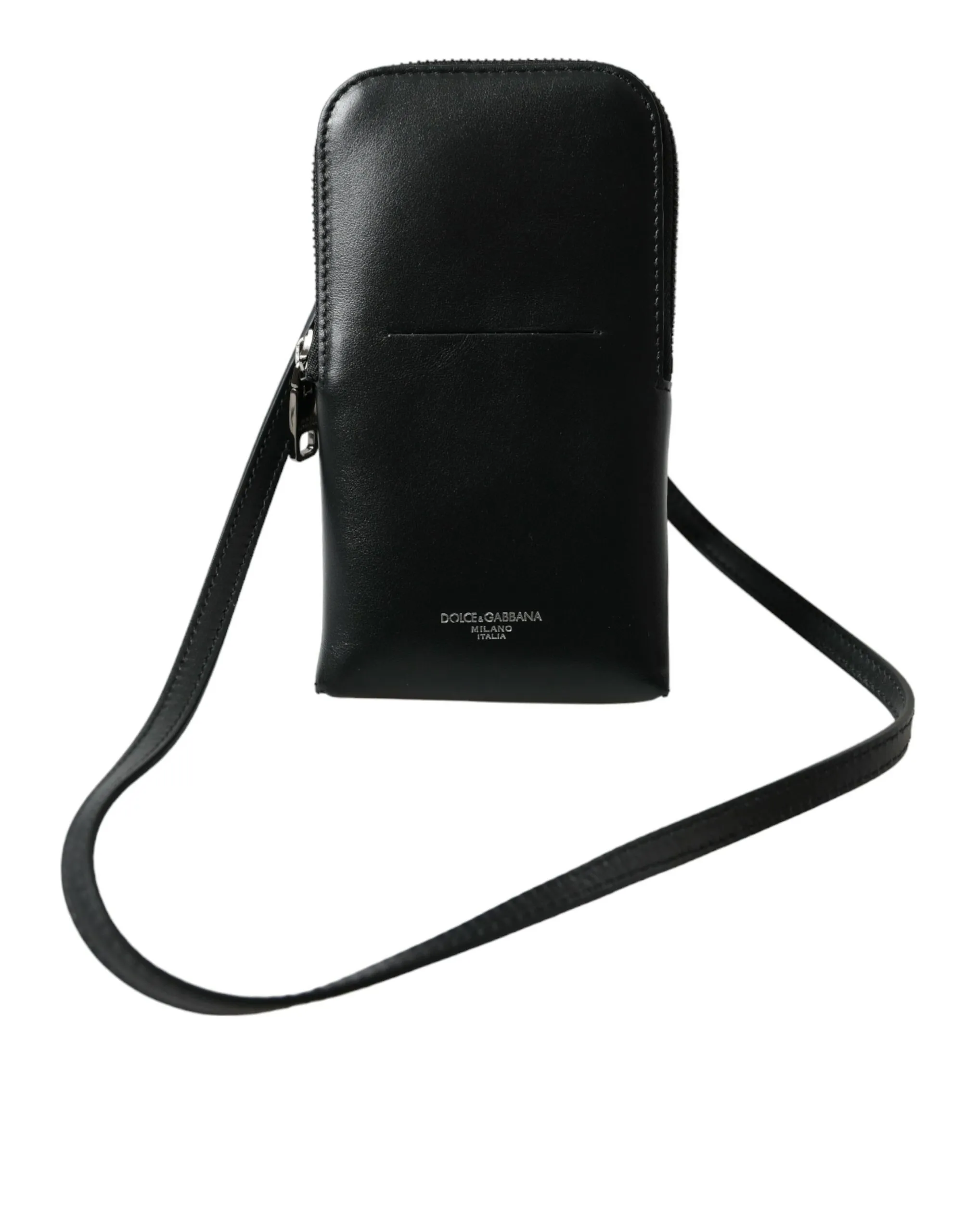 Dolce & Gabbana Men's Black Leather Zip Around Logo Print Lanyard Strap Wallet