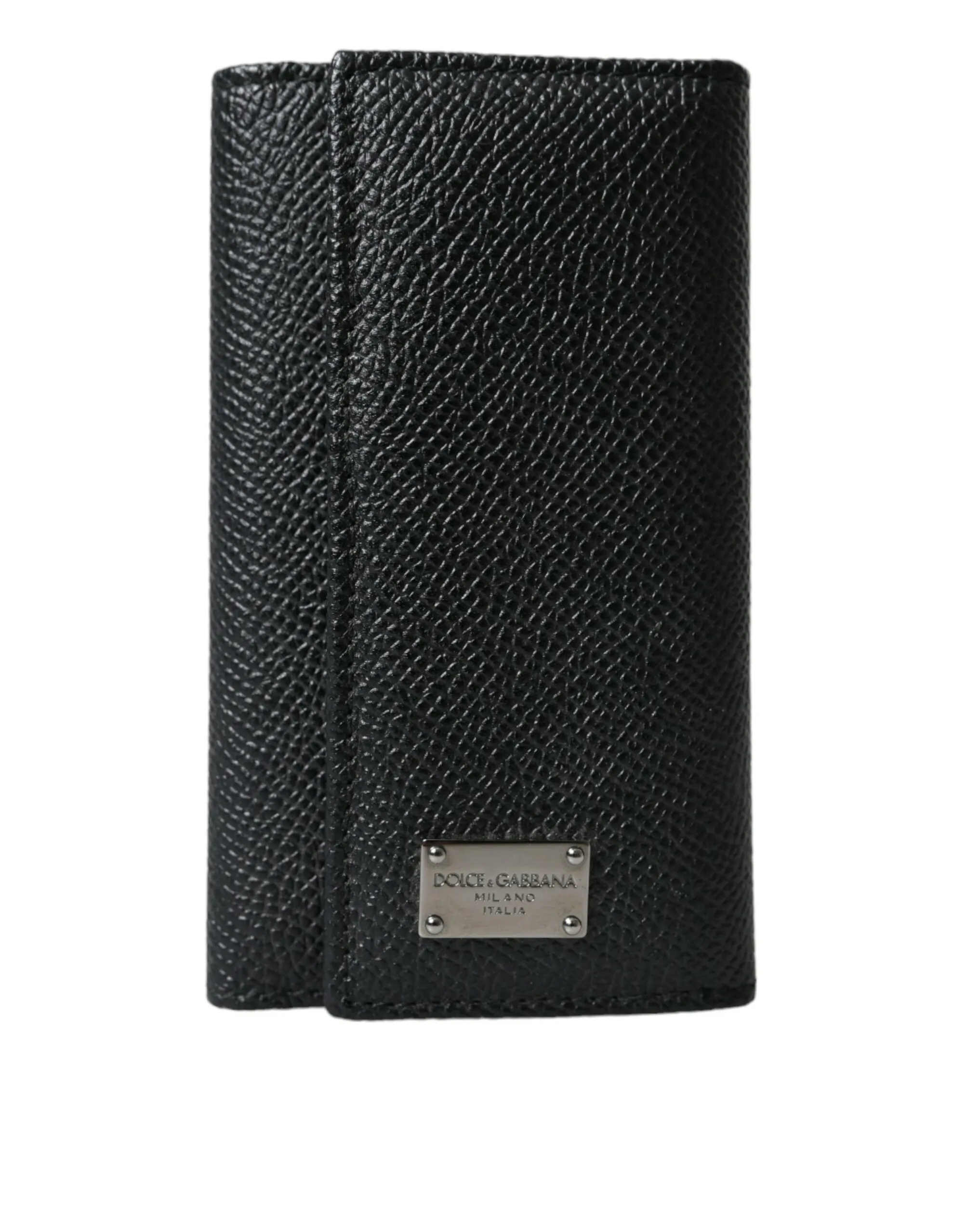 Dolce & Gabbana Men's Black Calf Leather Logo Plaque Trifold Keyring Key Holder