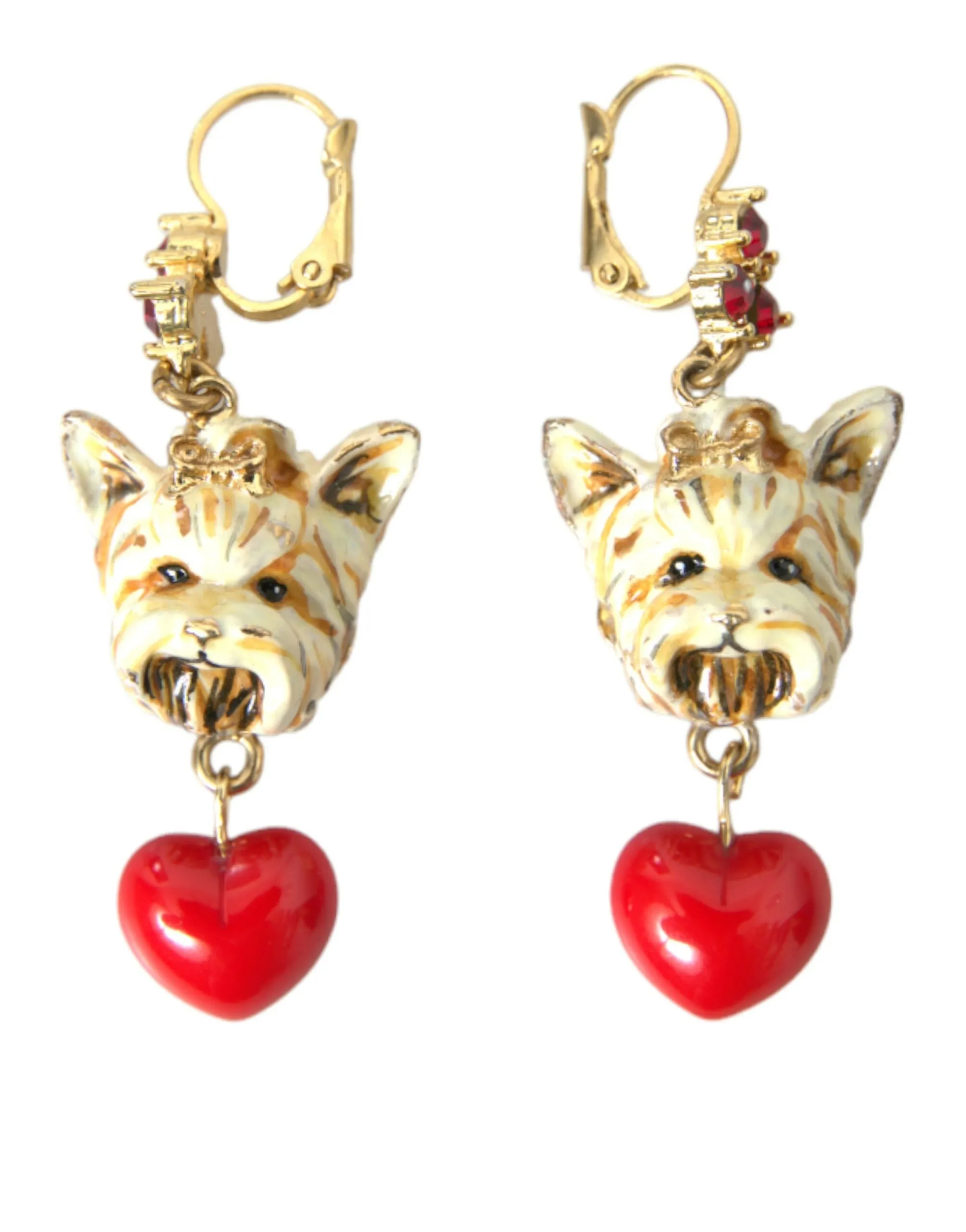 Dolce & Gabbana Women's Gold Brass Heart Dog Red Crystal Dangling Earrings