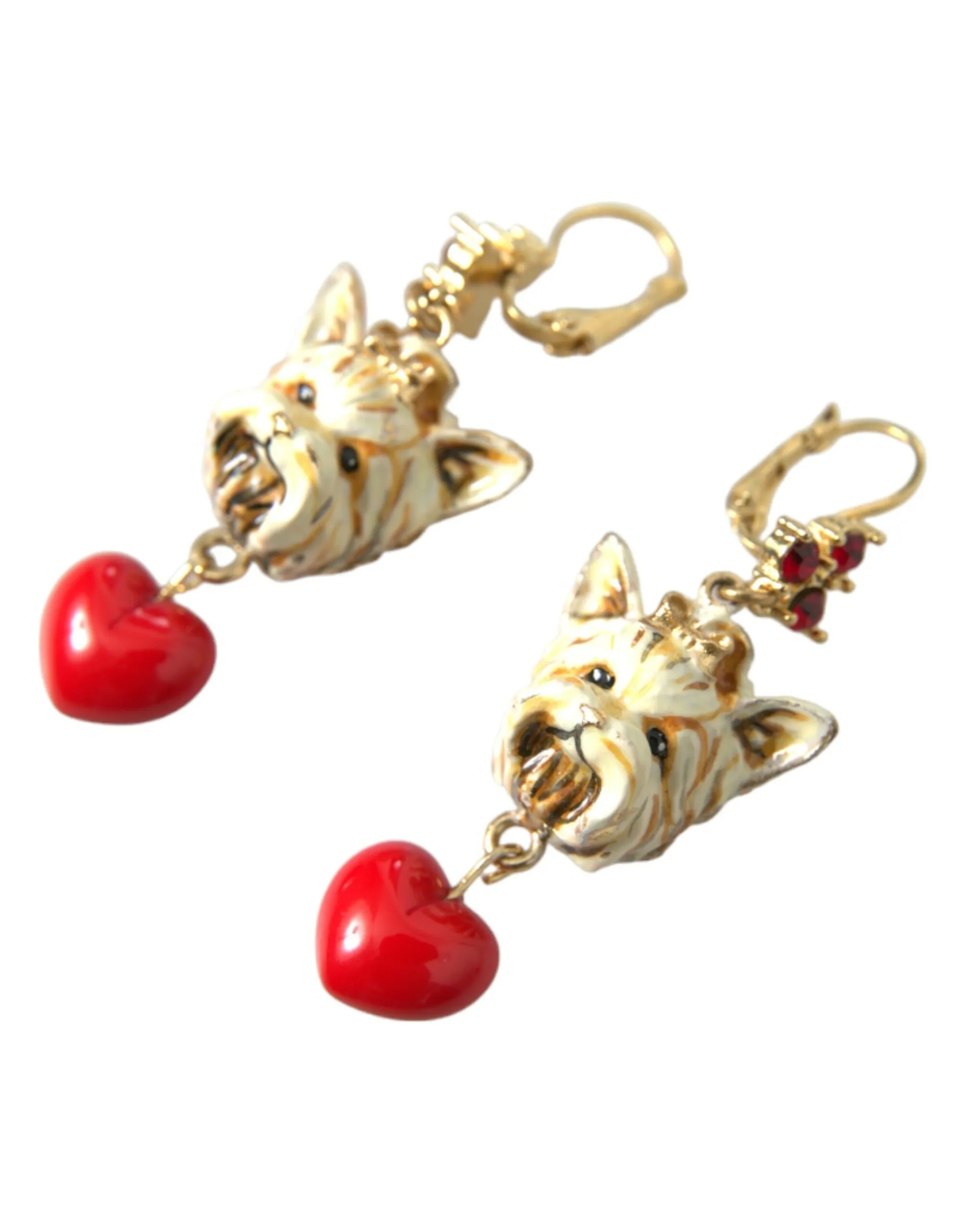 Dolce & Gabbana Women's Gold Brass Heart Dog Red Crystal Dangling Earrings