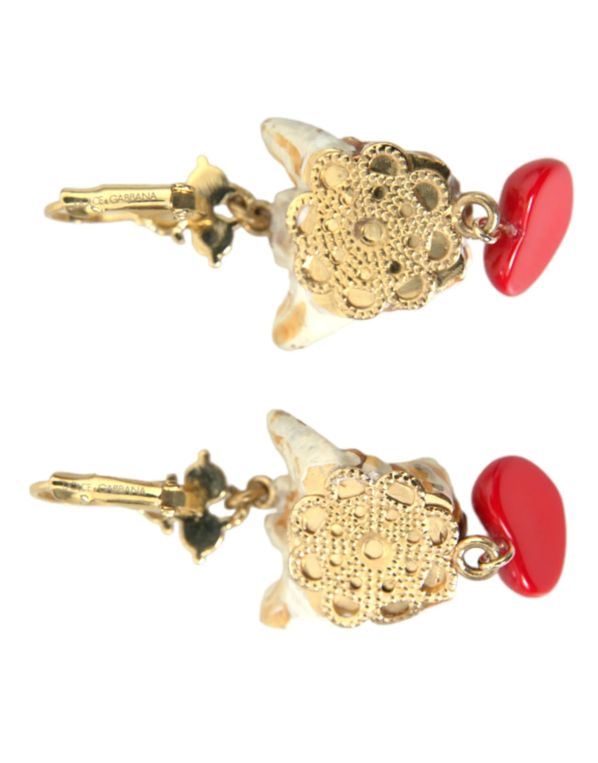 Dolce & Gabbana Women's Gold Brass Heart Dog Red Crystal Dangling Earrings