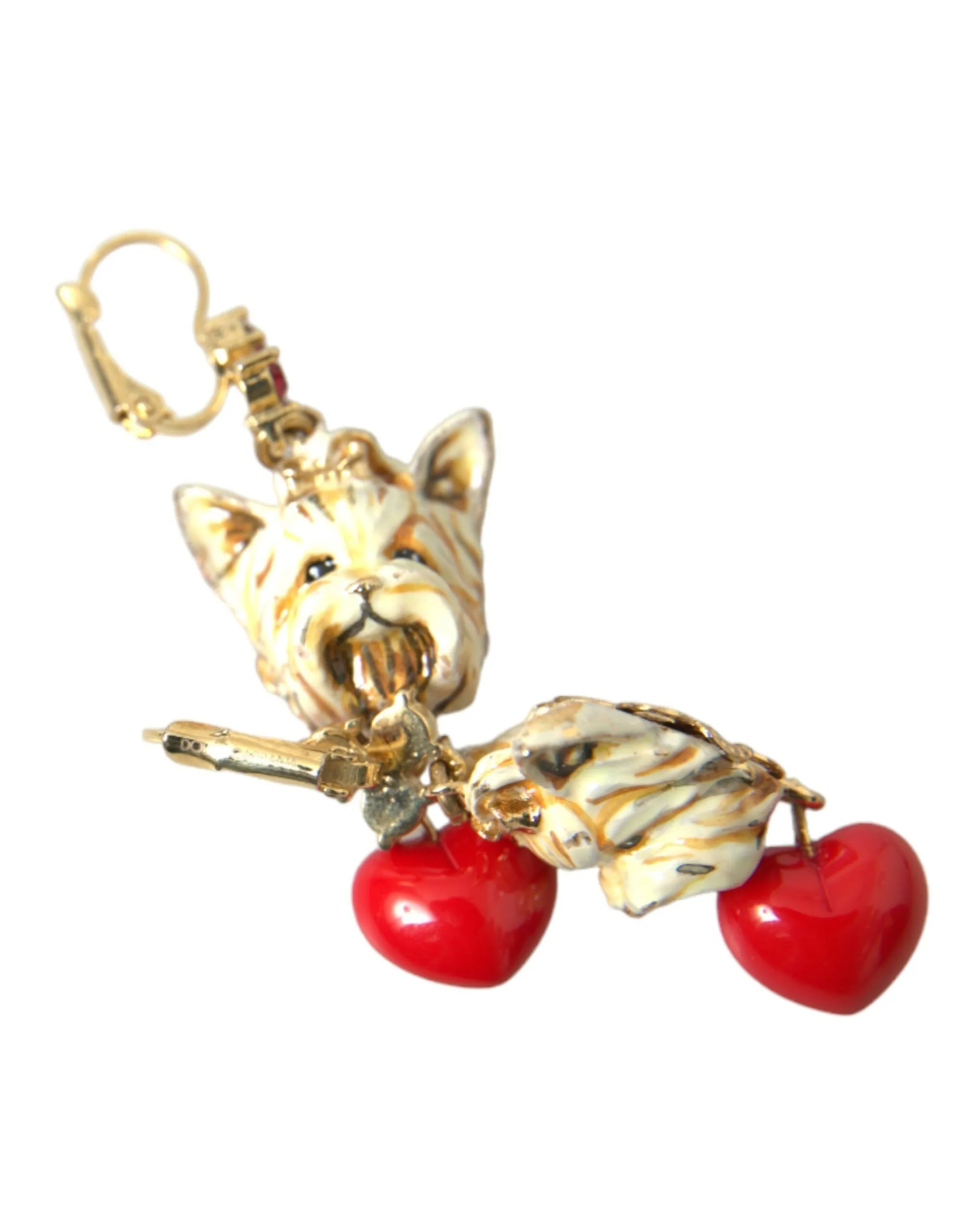 Dolce & Gabbana Women's Gold Brass Heart Dog Red Crystal Dangling Earrings
