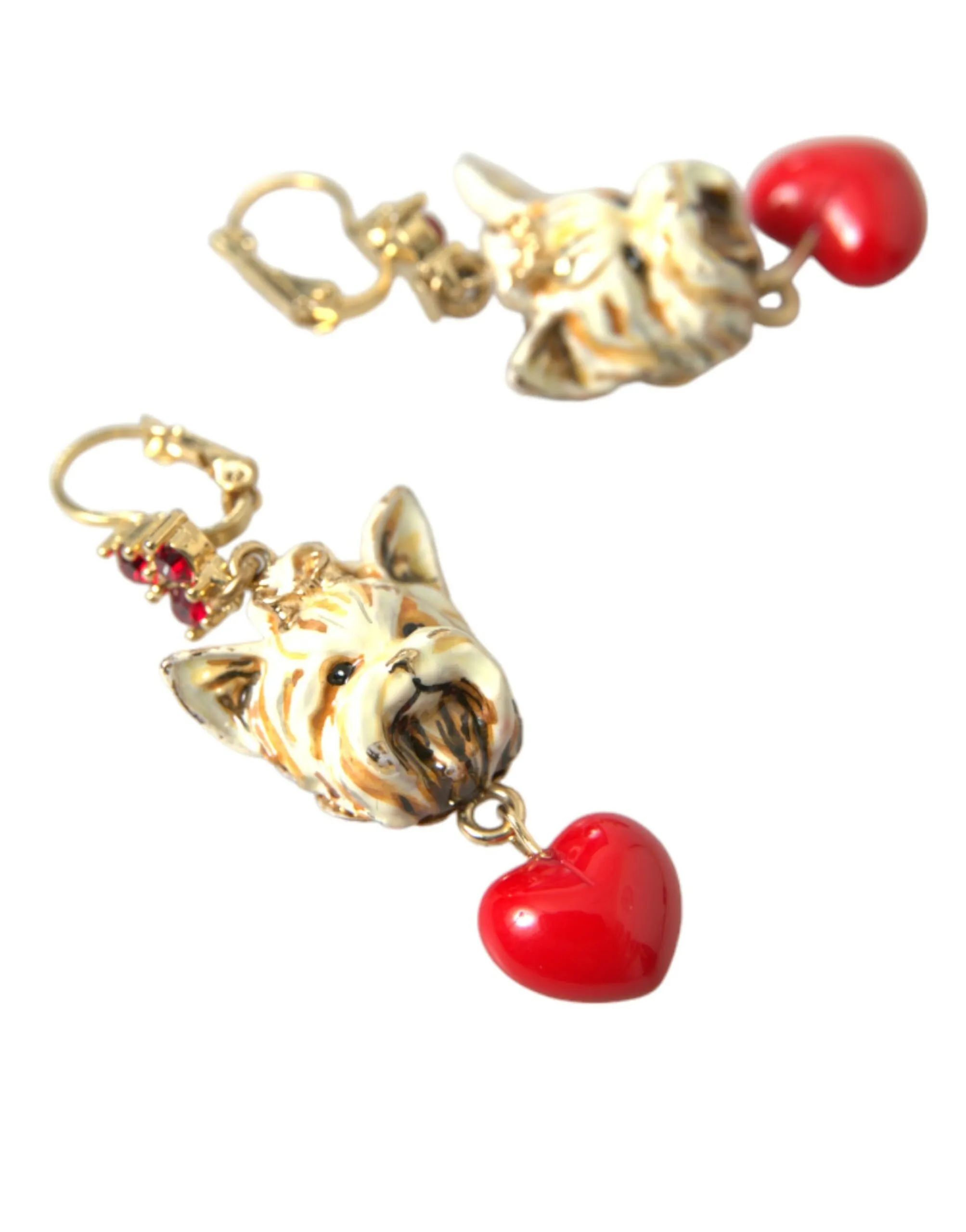 Dolce & Gabbana Women's Gold Brass Heart Dog Red Crystal Dangling Earrings