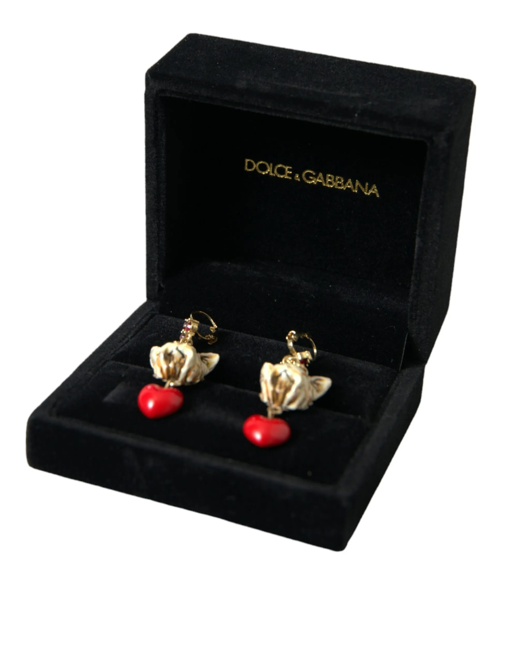 Dolce & Gabbana Women's Gold Brass Heart Dog Red Crystal Dangling Earrings