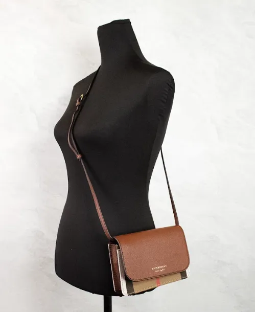 Burberry Women's Hampshire Small House Check Canvas Tan Derby Leather Crossbody Bag