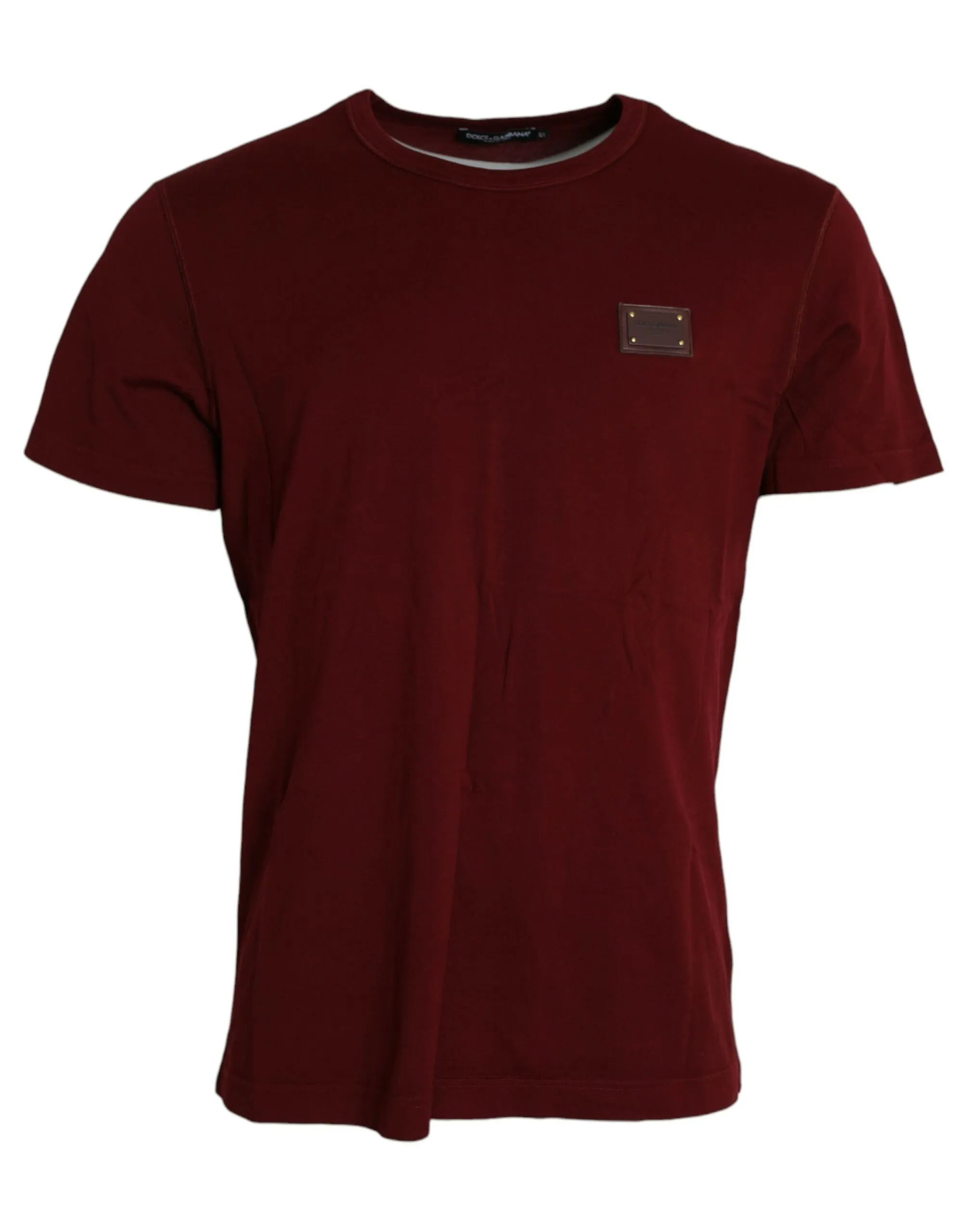 Dolce & Gabbana Men's Maroon Logo Patch Cotton Crew Neck T-shirt