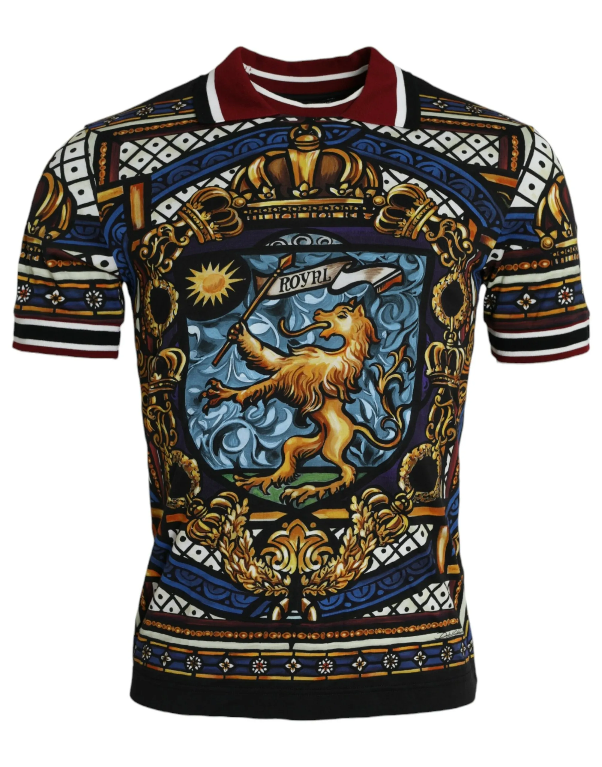 Dolce & Gabbana Men's Multicolor Lion Cotton Collared T-shirt