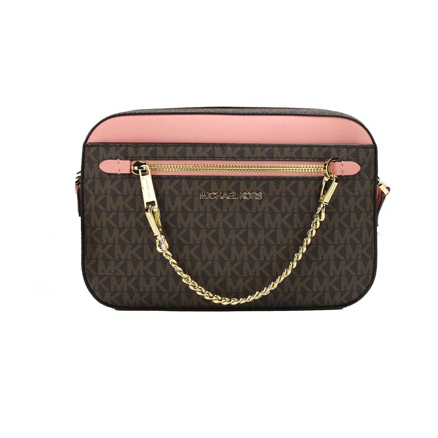 Michael Kors Women's Jet Set Large East West Brown Primrose PVC Zip Chain Crossbody Bag