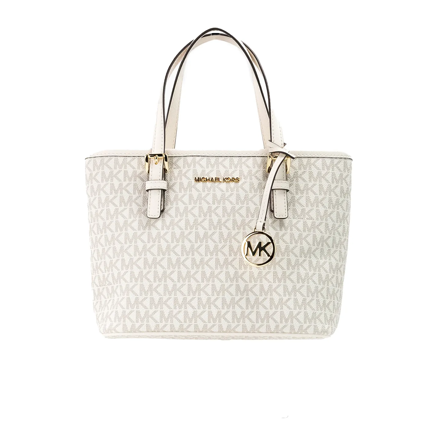 Michael Kors Women's Jet Set Light Cream Signature XS Carryall Top Zip Tote Bag Purse