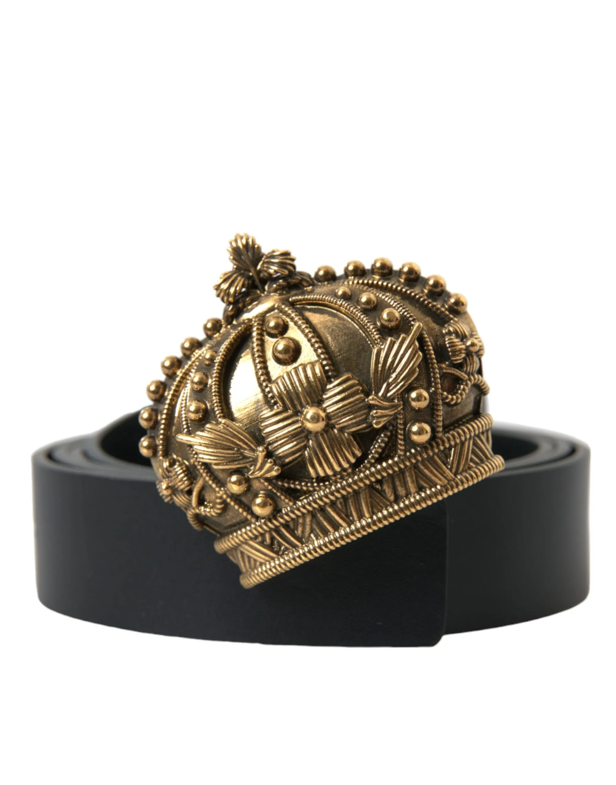 Dolce & Gabbana Men's Black Leather Gold Crown Metal Buckle Belt