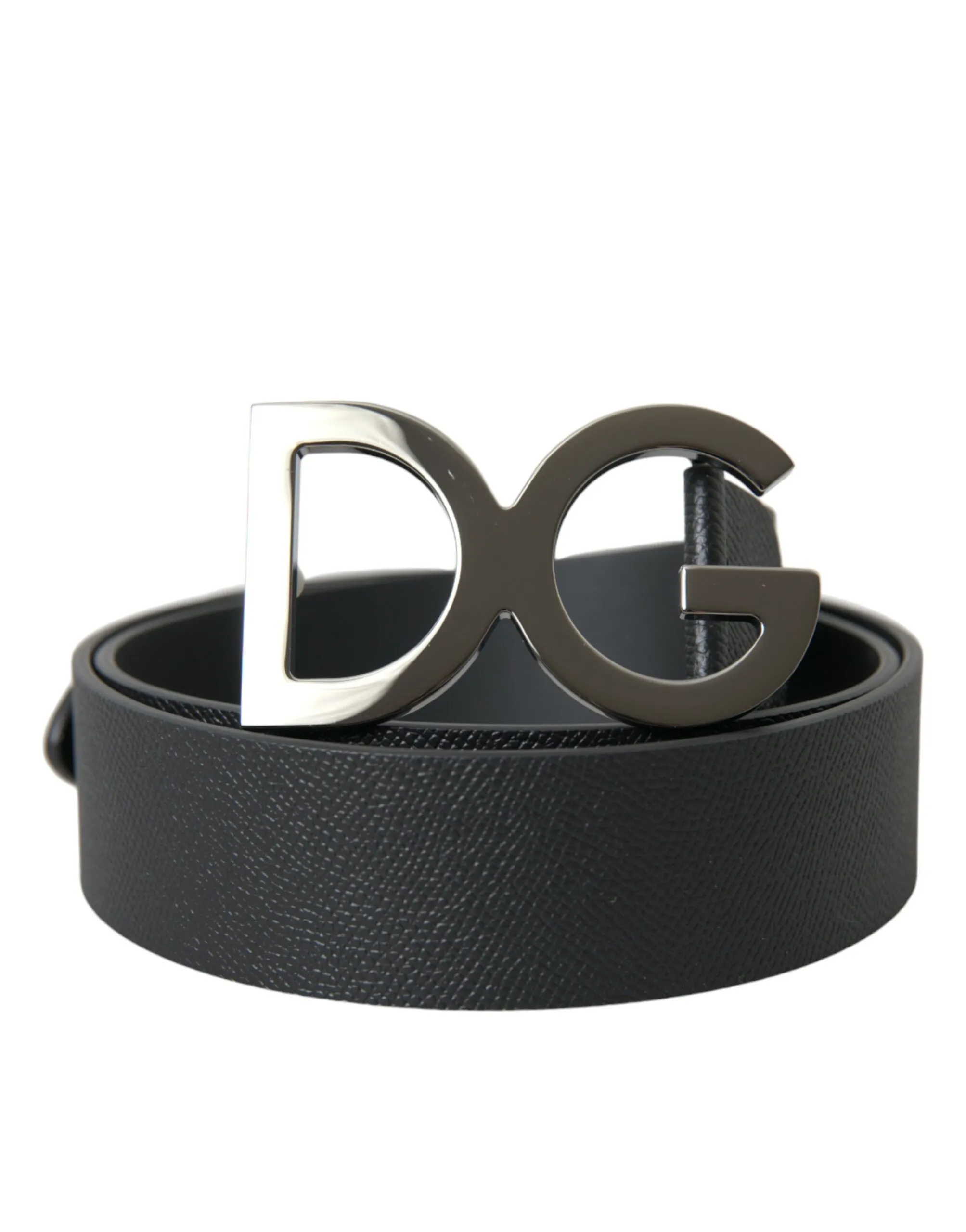 Dolce & Gabbana Men's Black Leather Silver Logo Metal Buckle Belt