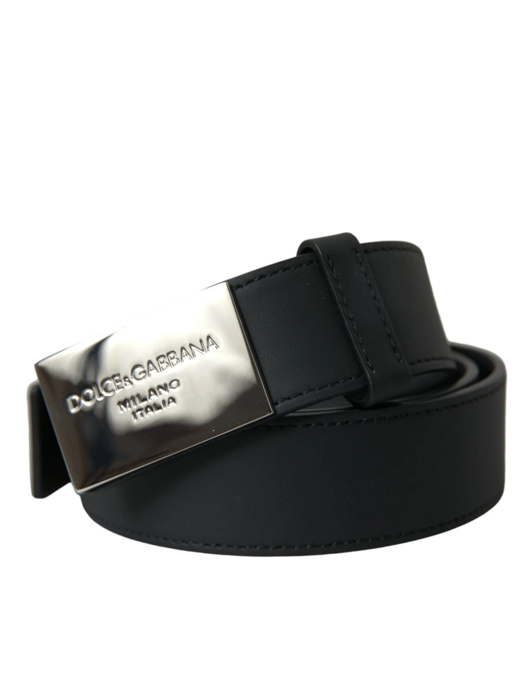 Dolce & Gabbana Men's Black Leather Silver Logo Metal Buckle Belt