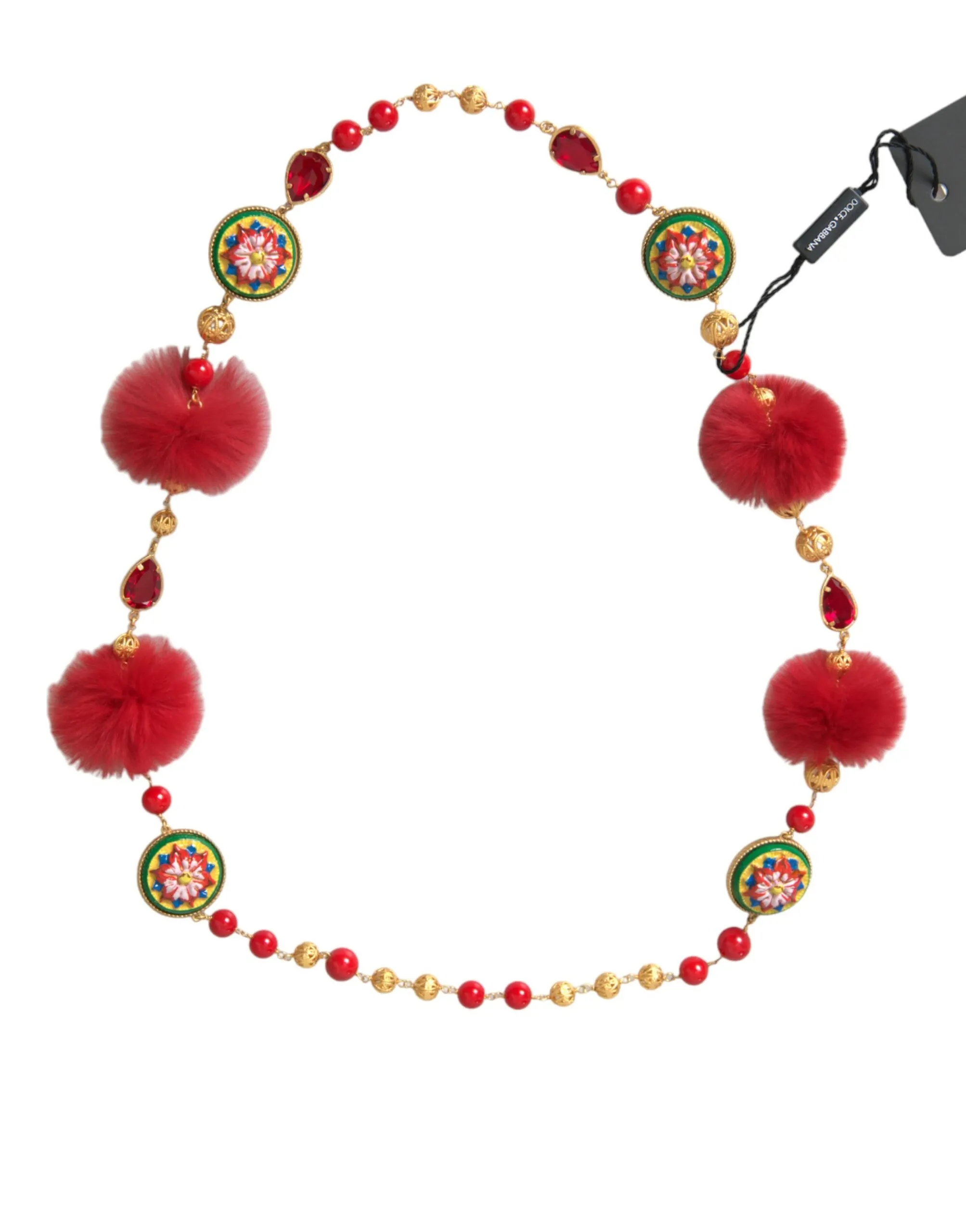 Dolce & Gabbana Women's Gold Brass Red Fur Crystal Carretto Chain Necklace