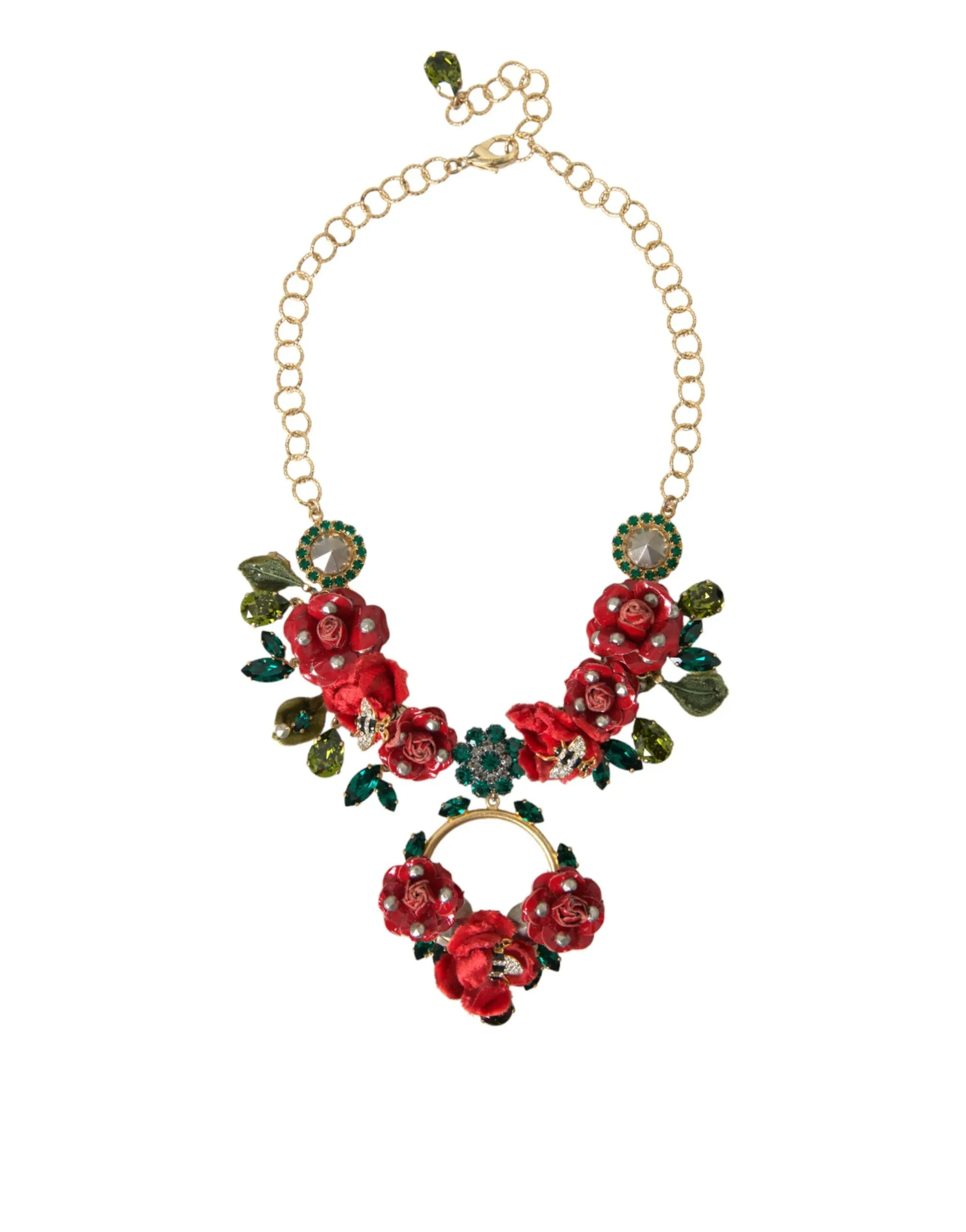 Dolce & Gabbana Women's Gold Brass Link Chain Rose Petal Crystal Pendant Necklace