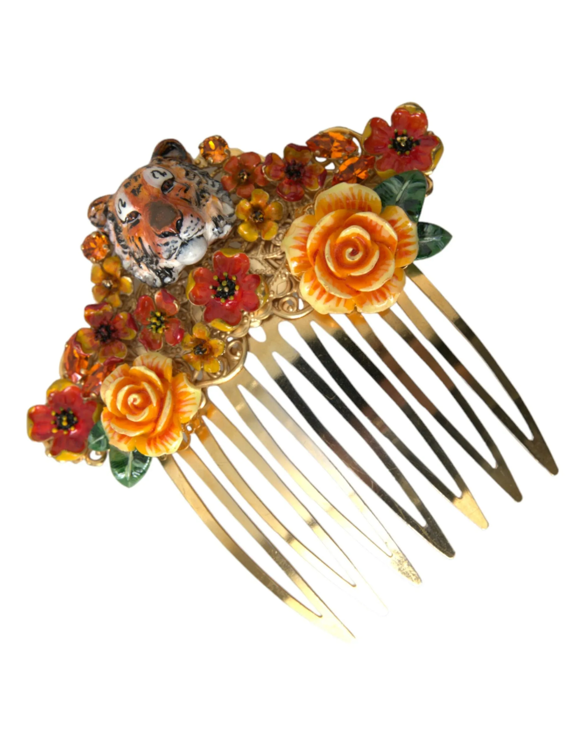 Dolce & Gabbana Women's Gold Brass Crystal Leopard Floral Hair Comb