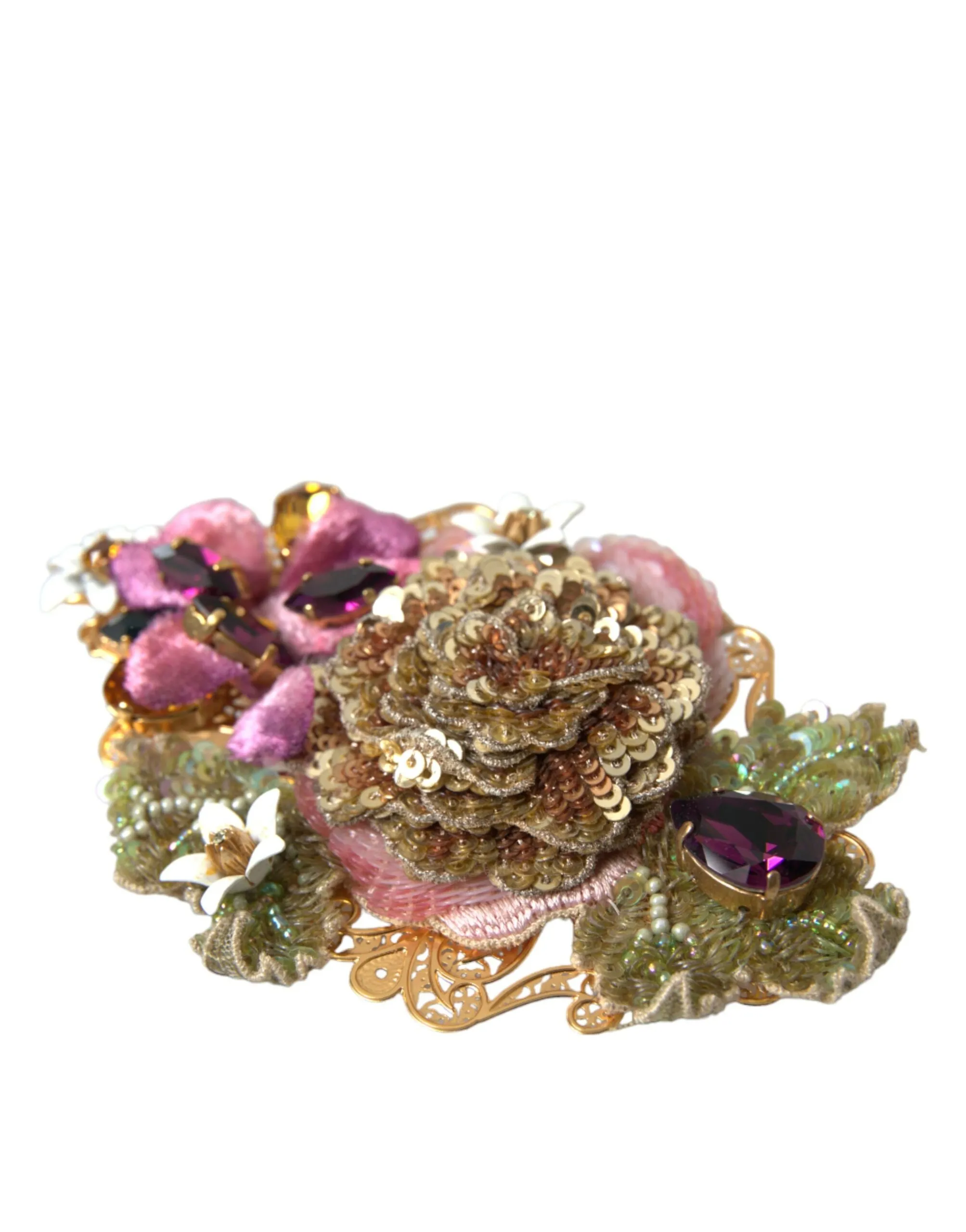 Dolce & Gabbana Women's Gold Brass Floral Crystal Sequined Hair Clip