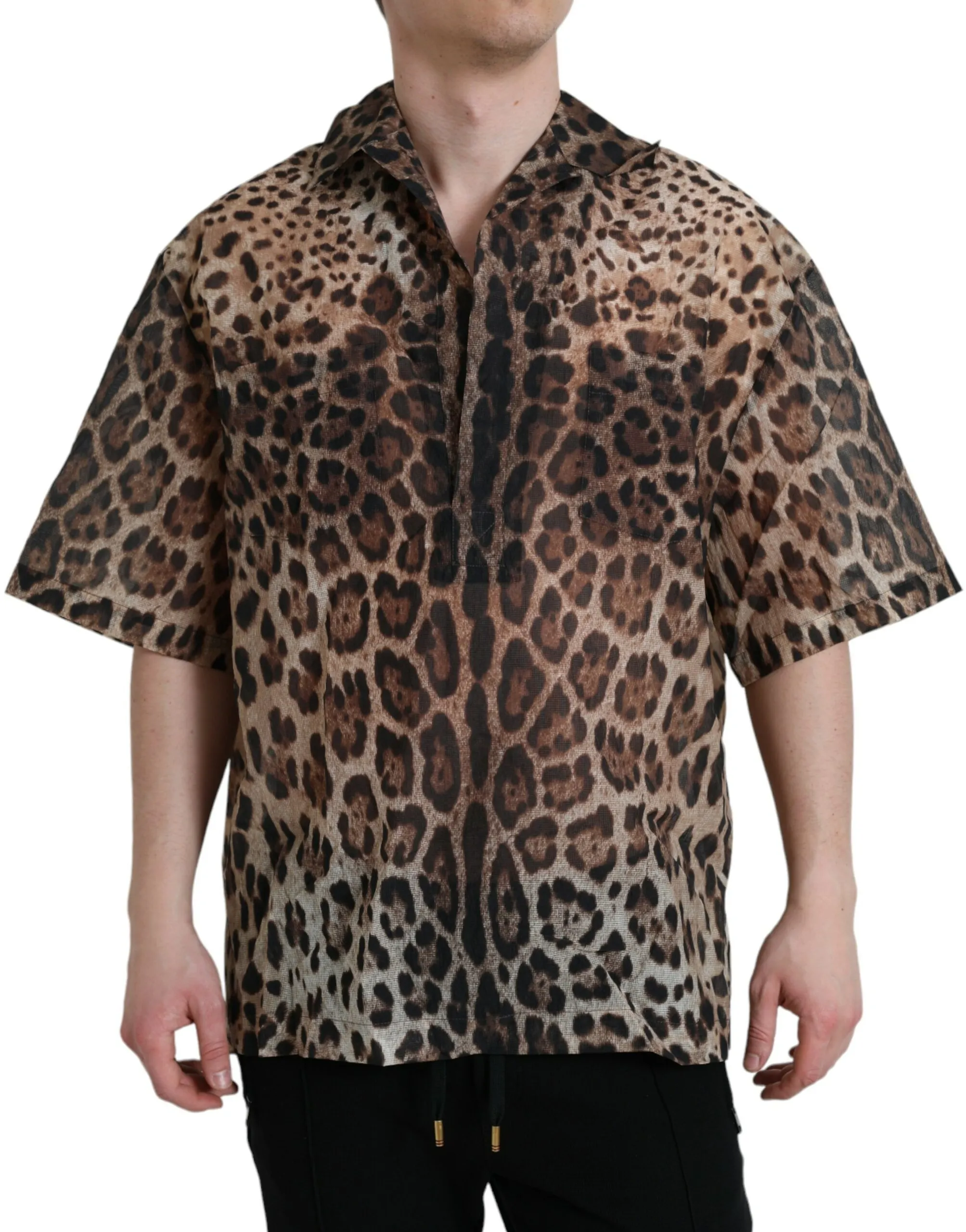 Dolce & Gabbana Men's Brown Leopard Button Down Casual Shirt