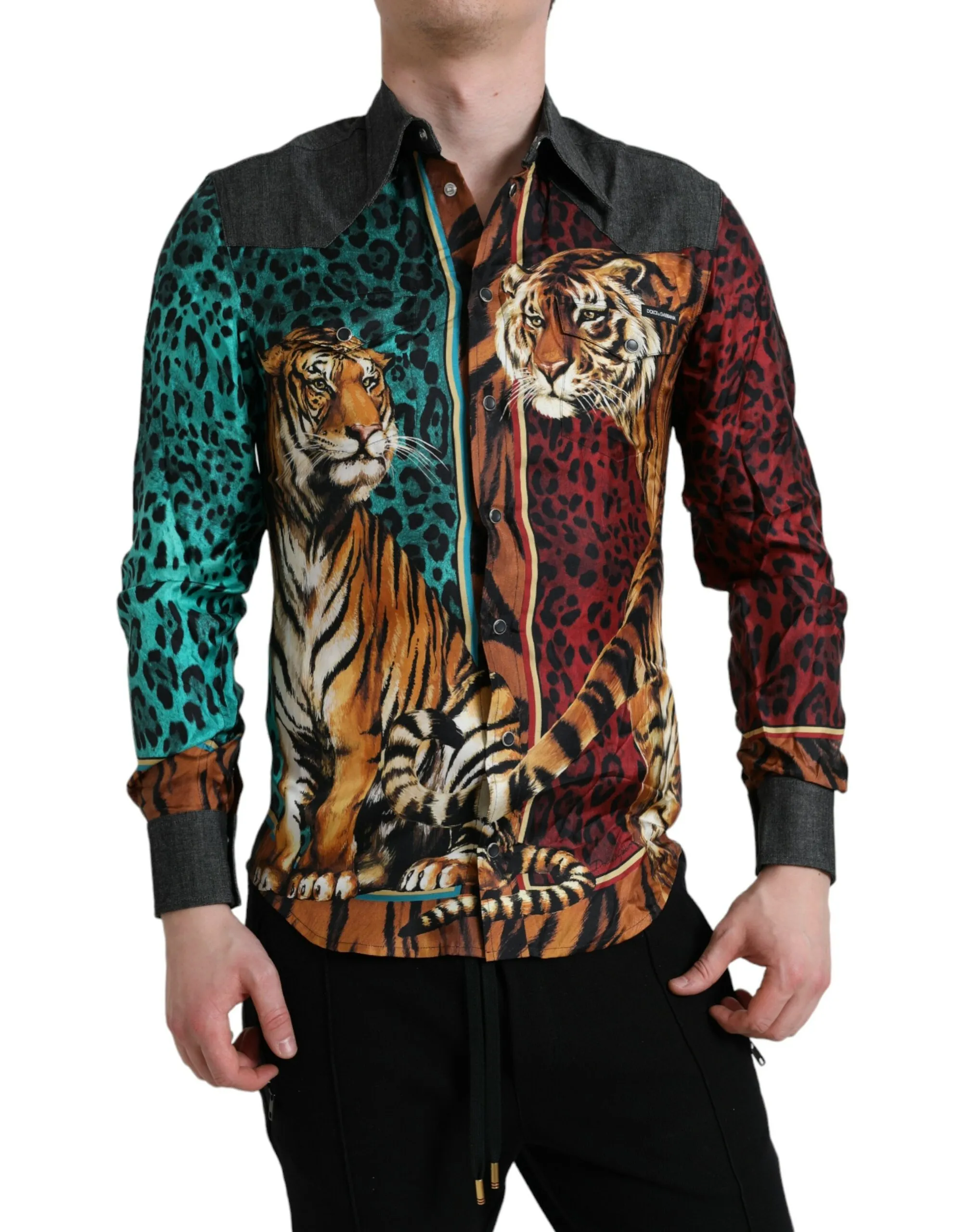 Dolce & Gabbana Men's Multicolor Tiger Button Down Casual Shirt