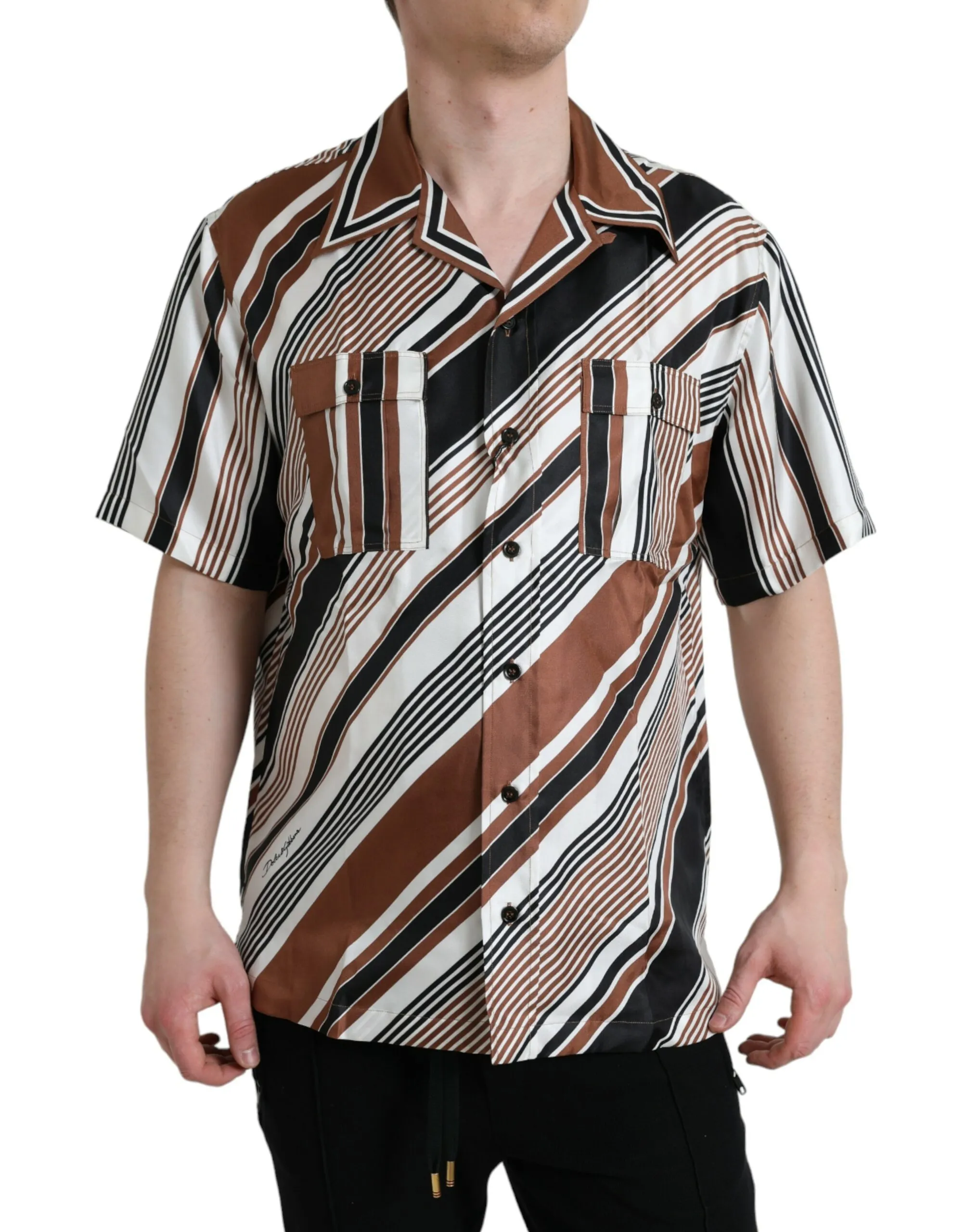 Dolce & Gabbana Men's Brown White Silk Striped Short Sleeve Shirt