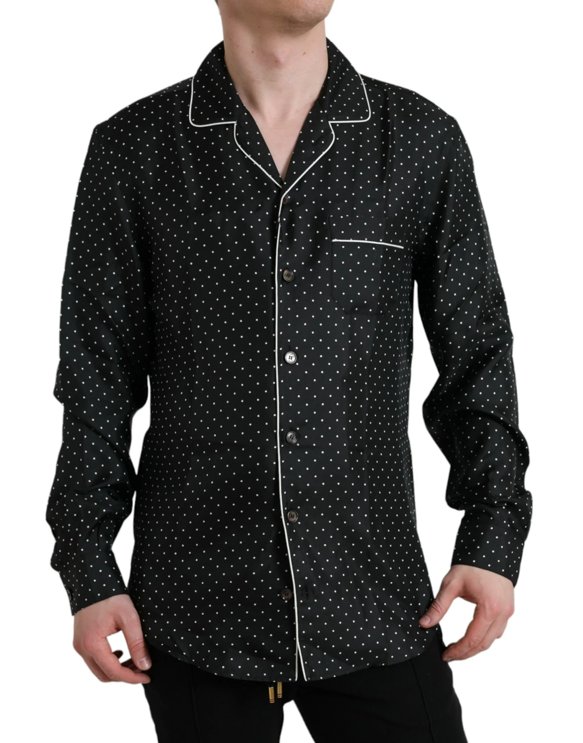 Dolce & Gabbana Men's Black Polka Dot Silk Long Sleeve Shirt