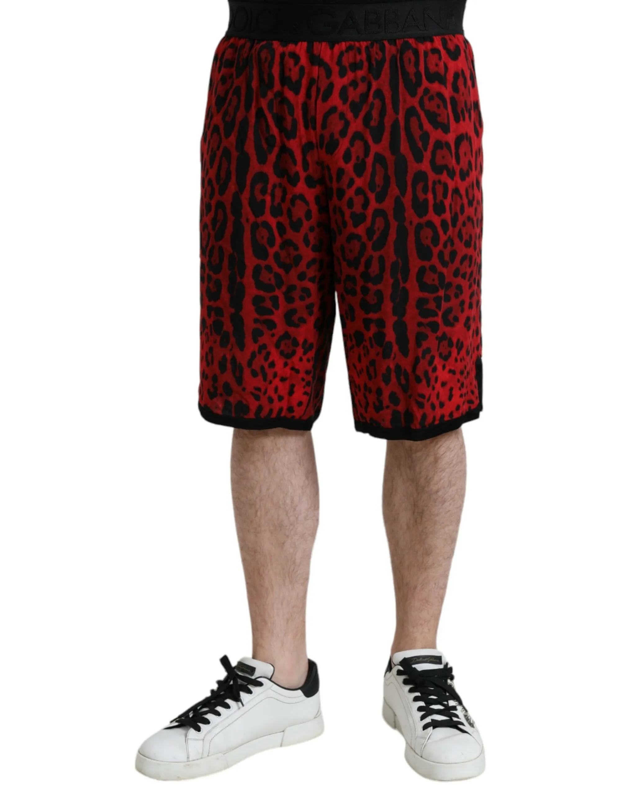 Dolce & Gabbana Men's Red Leopard Print Viscose Bermuda Shorts