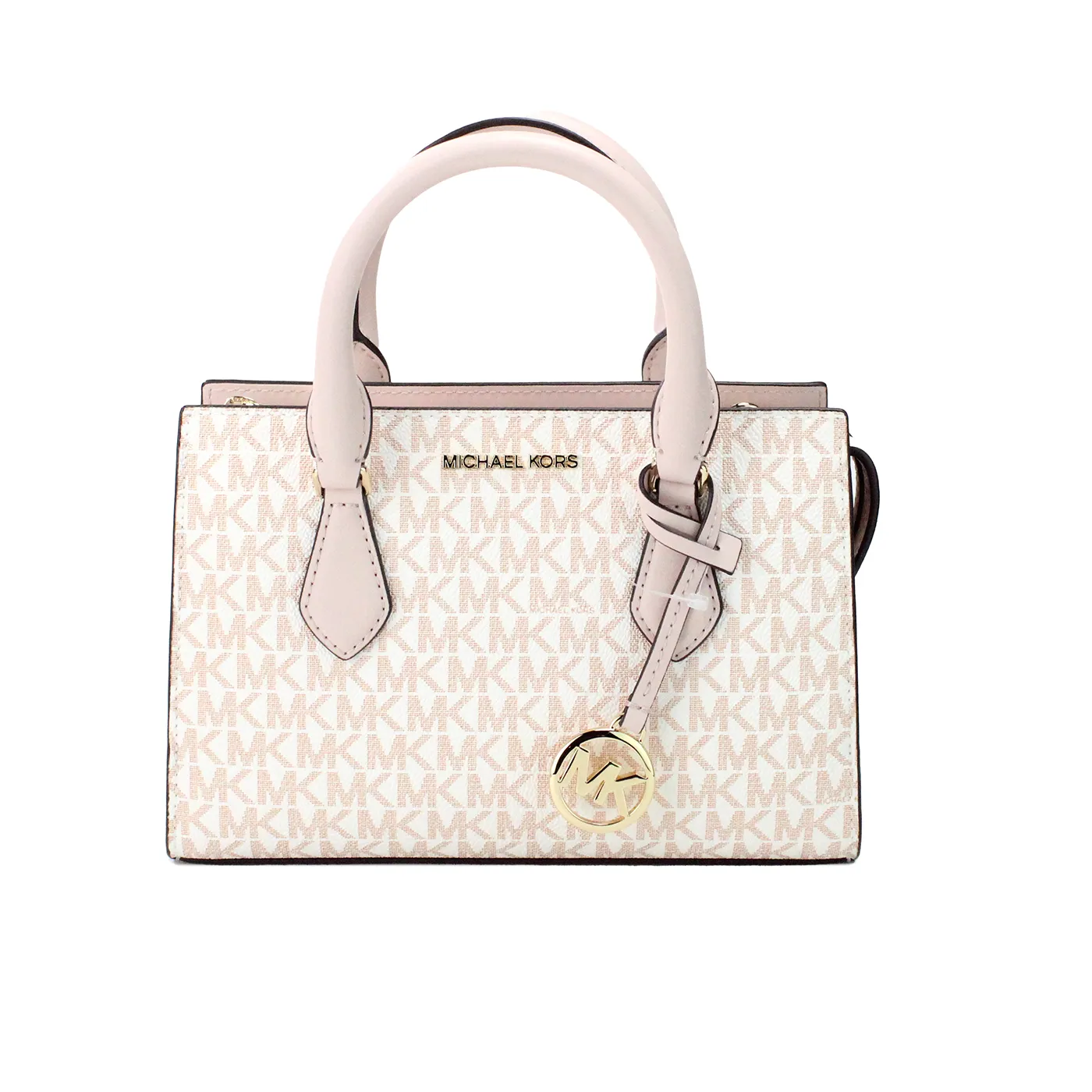 Michael Kors Women's Sheila Small White Rose Gold PVC Center Zip Satchel Purse Bag